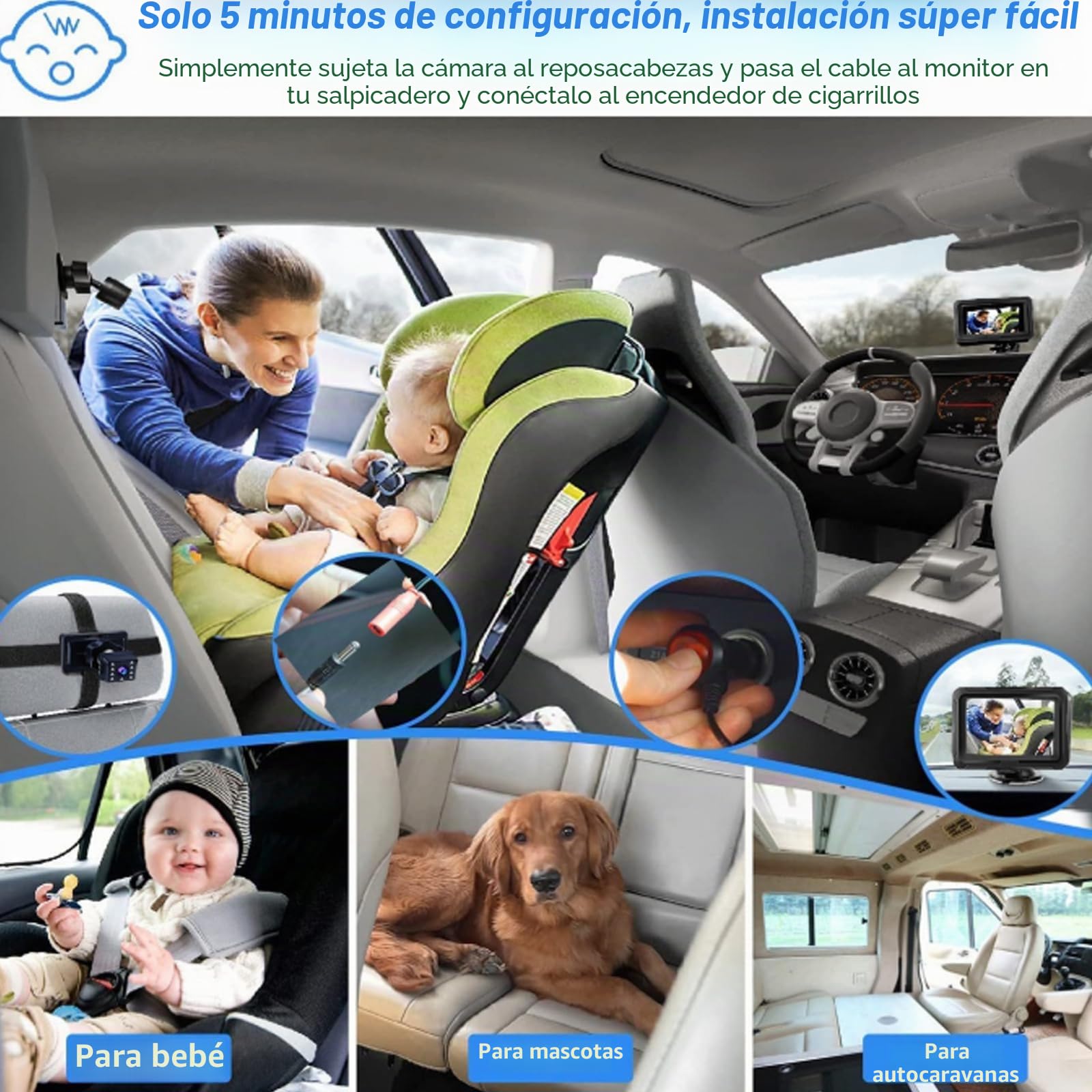Cámara de coche para bebé HD 1080p con espejo, pantalla de 4.3 pulgadas, visión nocturna y gran angular de 150°, cámara trasera inalámbrica con monitor, monitor de seguridad para babyphone, Plug