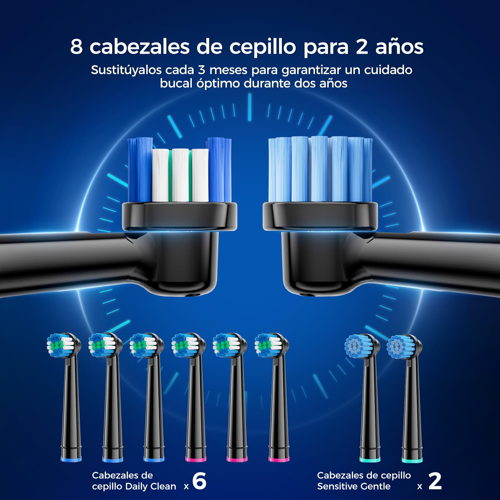 Cepillo de Dientes Eléctrico Rotativo con Cabezal Redondo, Cepillo Eléctrico para Adultos y Niños, 3 Intensidades y 5 Modos, 8 Cabezales, Temporizador 2 Minutos, IPX7, Batería 120 Días