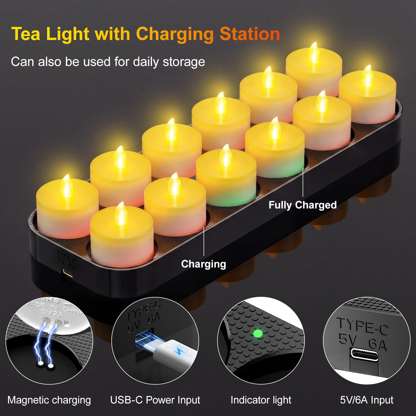 daphomeu 12 Stück Magnetische Wiederaufladbar LED Teelichter, Aufladbare Teelichter mit Ladestation & Timerfunktion und Fernbedienung, Flammenlose Kerzen für Weihnachten Halloween (Kaltes Licht)