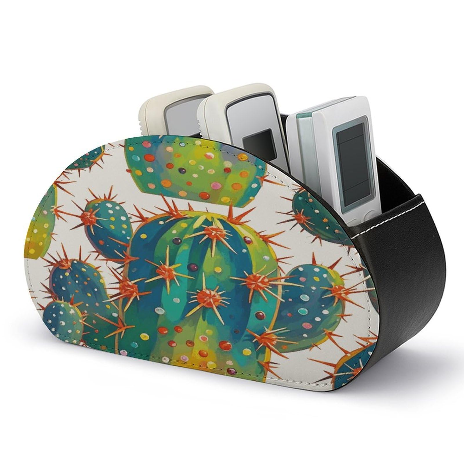 Cute Cactus Seamless Illustration TV Remote Control Holder with 5 Compartments Multi-functional Leather Bedside Table Remote Caddy Desktop Storage Box for Store Pen Controller Media Player Cosmetic