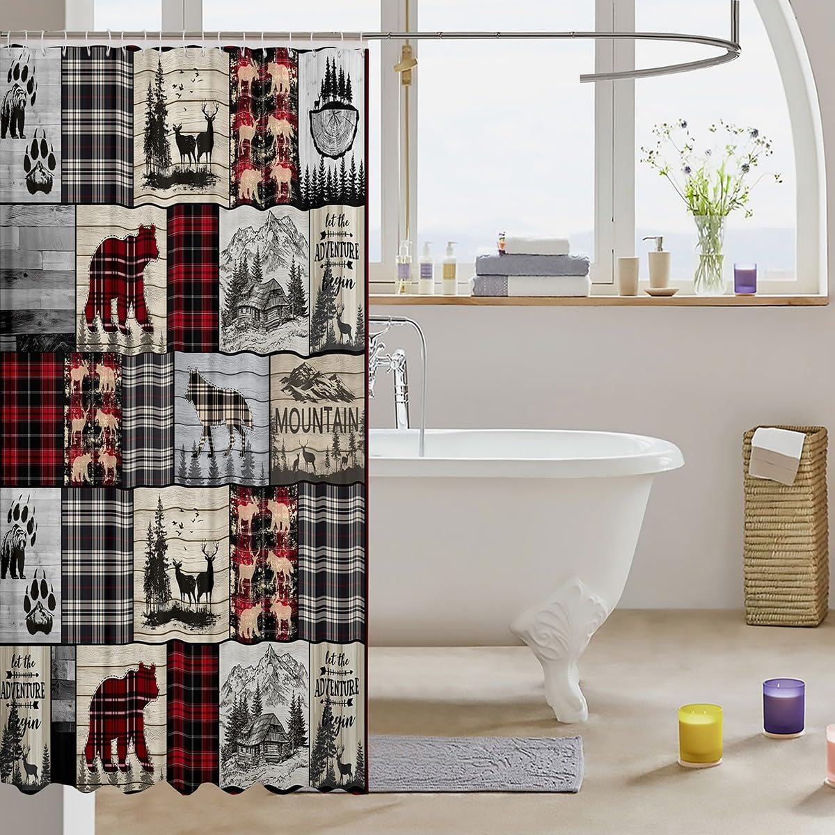 Rustic Cabin Shower Curtain 72"Wx78"L Woodland Wolf Deer Bear Bathroom Curtain For Bathtub Red Black Buffalo Plaid Bath Curtain Wildlife Camping Lodge Mountain Southwestern Farmhouse Bathroom Decor