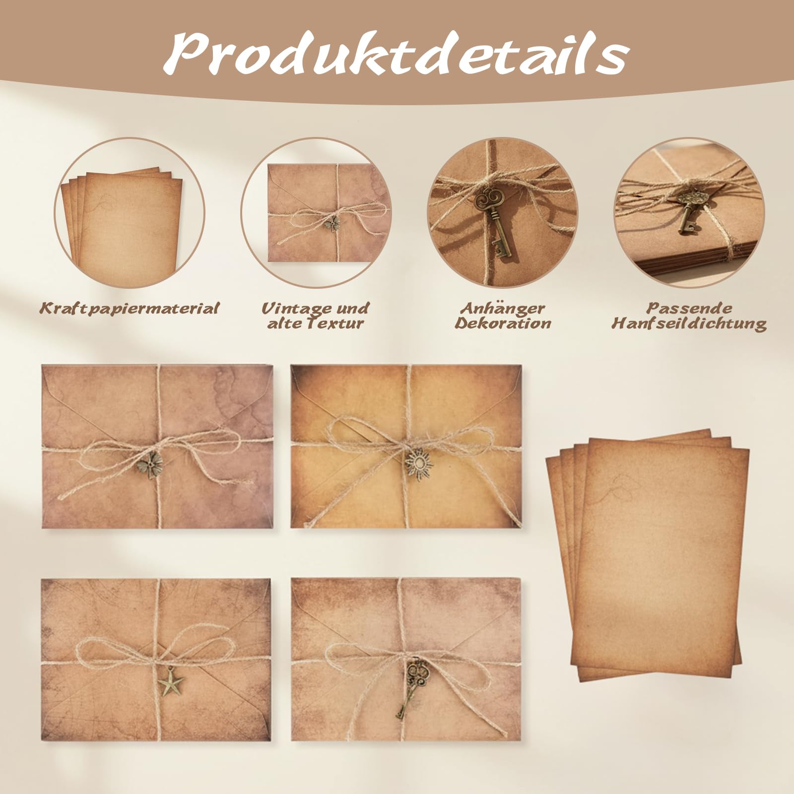 Zestawy Vintage Kraftpapier Umschläge, 60 sztuk 12 Retro Briefumschläge, 12 Retro Schlüsseln, 12 lin konopnych, 12 arkuszy Vintage Seal Stickers, 24 antyczne papiery kraftowe na wesela urodziny