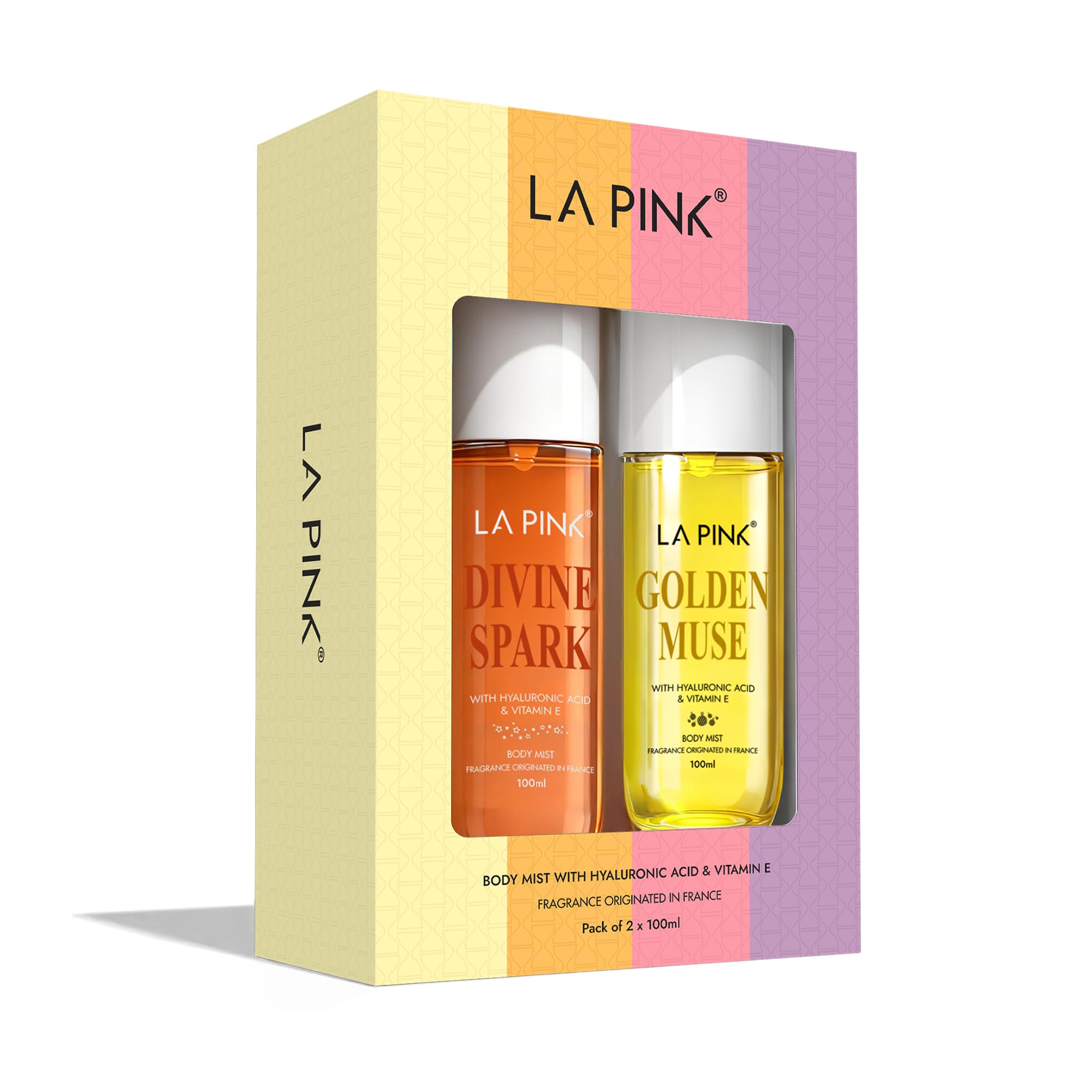 LA PINK Golden Muse & Divine Spark Perfume Body Mist Combo | Tropical Coconut Citrus & White Floral Vanilla Fragrance | Lightweight Summer Body Spray | Long Lasting Freshness with Hyaluronic Acid & Vitamin E | 100ml Each-image-14