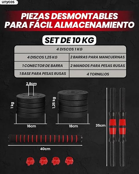 unycos - Mancuernas Ajustables【Discos de Cemento | 10-40 kg】con Barra Recta de Conexión | Pesas Ergonómicas para Hombres y Mujeres, Gimnasio en Casa, Fitness (Red/Orange Transformer) - 5