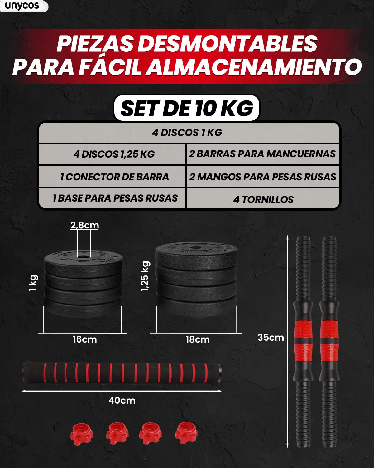 unycos - Mancuernas Ajustables【Discos de Cemento | 10-40 kg】con Barra Recta de Conexión | Pesas Ergonómicas para Hombres y Mujeres, Gimnasio en Casa, Fitness (Red/Orange Transformer) — view 5