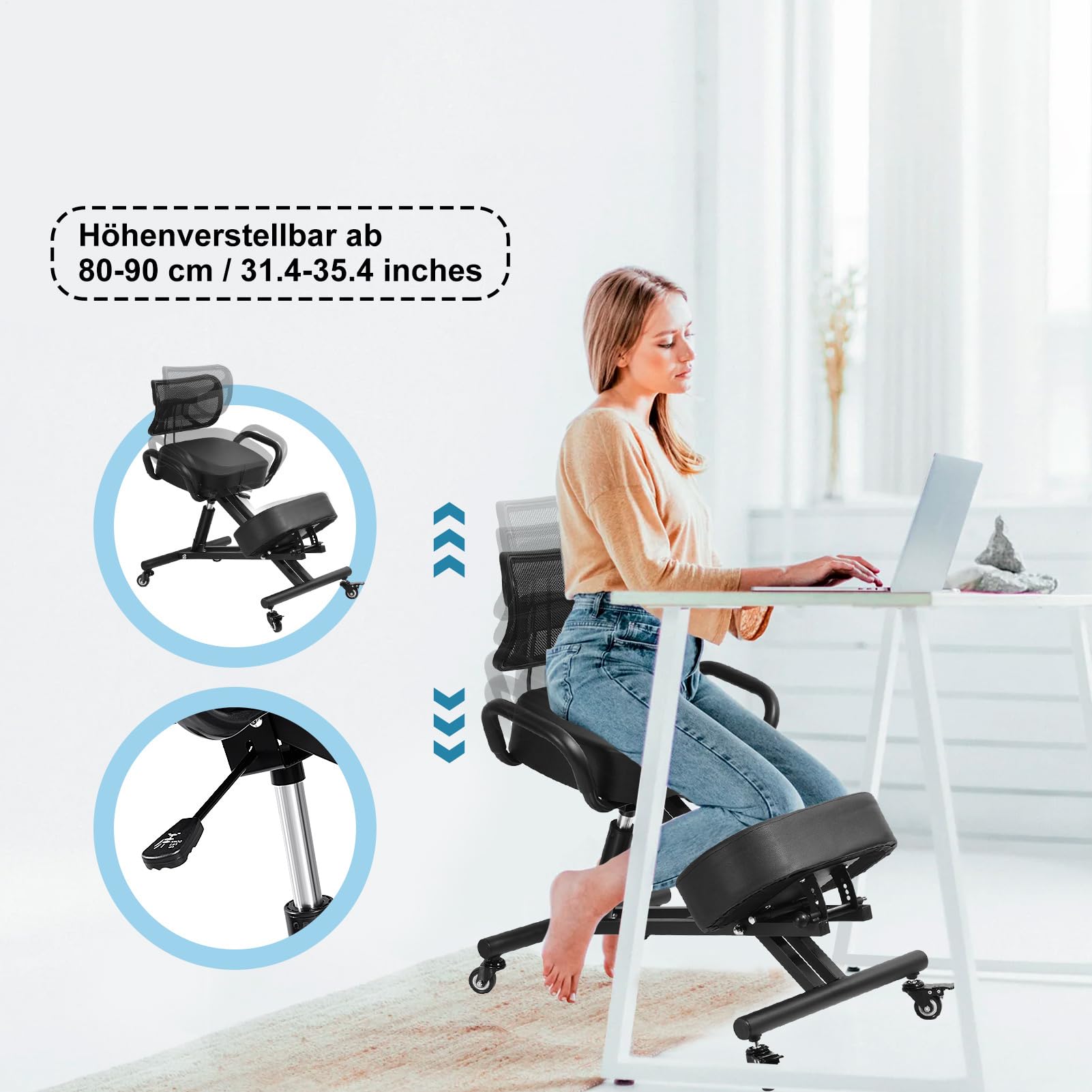Chaise genoux, réglable, avec support dorsal et coussin en maille, repose-genoux, 4 positions, cadre stable, jusqu'à 100 kg, ergonomique, pour le bureau, l'école et la beauté