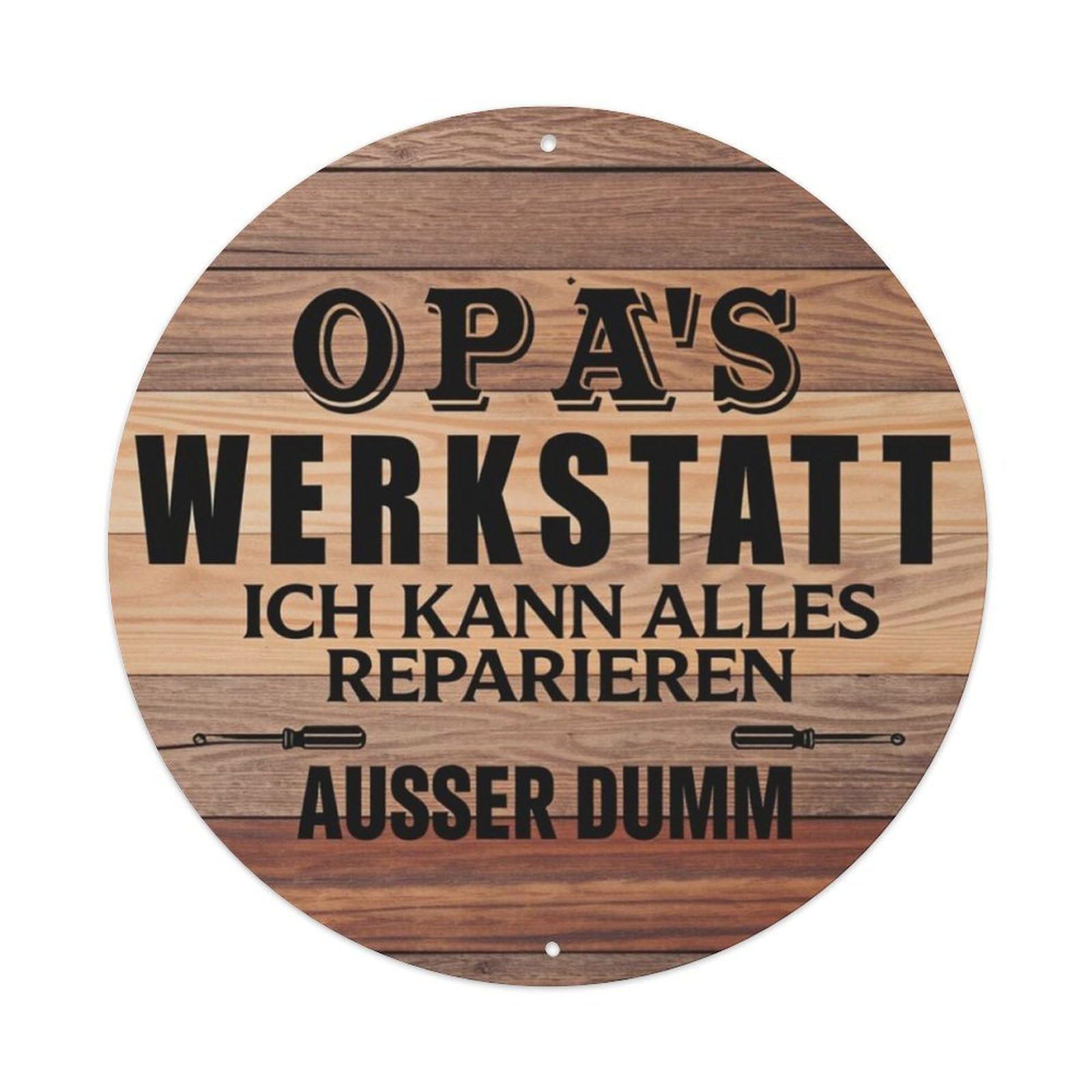 Wood Grain Grandpa Workshop German Funny Round Decor Sign Vintage Aluminium Metal Sign, Retro Wall Decor for Home, Bar, Garage & Farmhouse 20x20cm