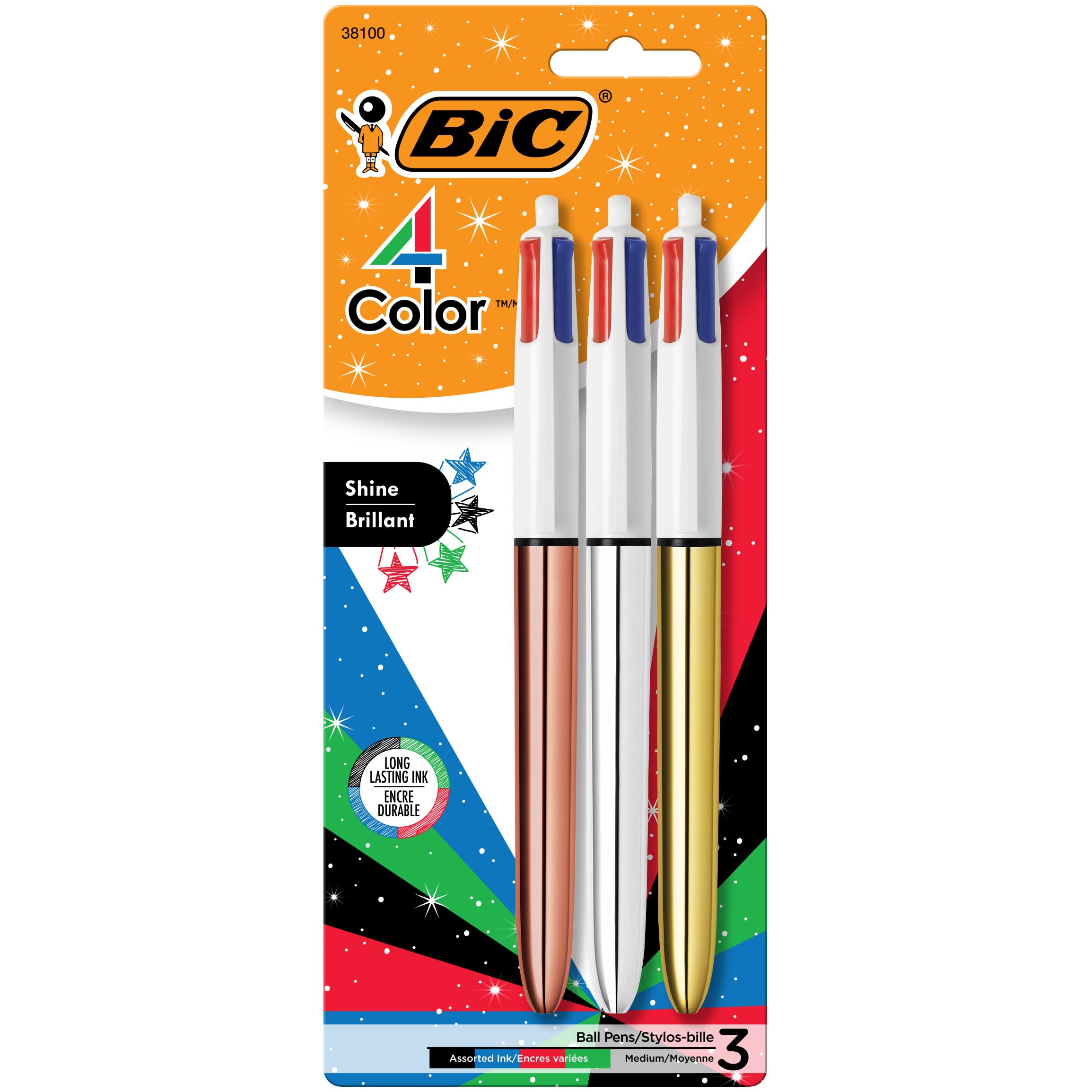 4 Color Shine Retractable Ballpoint Pen with Long-Lasting Ink and 1.0 mm Medium Point, 3-Count in Assorted Ink