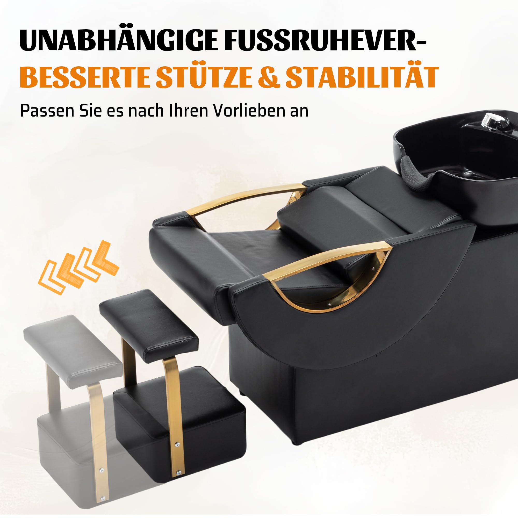 Professioneller Friseurwaschsessel mit Waschbecken, Beinstütze, Nackenstütze und Armlehnen, 136 kg Traglast, für Salon & Barbershop