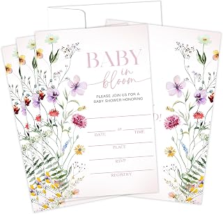 25 Baby Shower Invitation Card Set with Envelopes - baby in bloom Floral Double-Sided Fill In Style Invites for Baby Gender Reveal, Announcement Party Decors Party Supplies 4 x 6 inch - A02