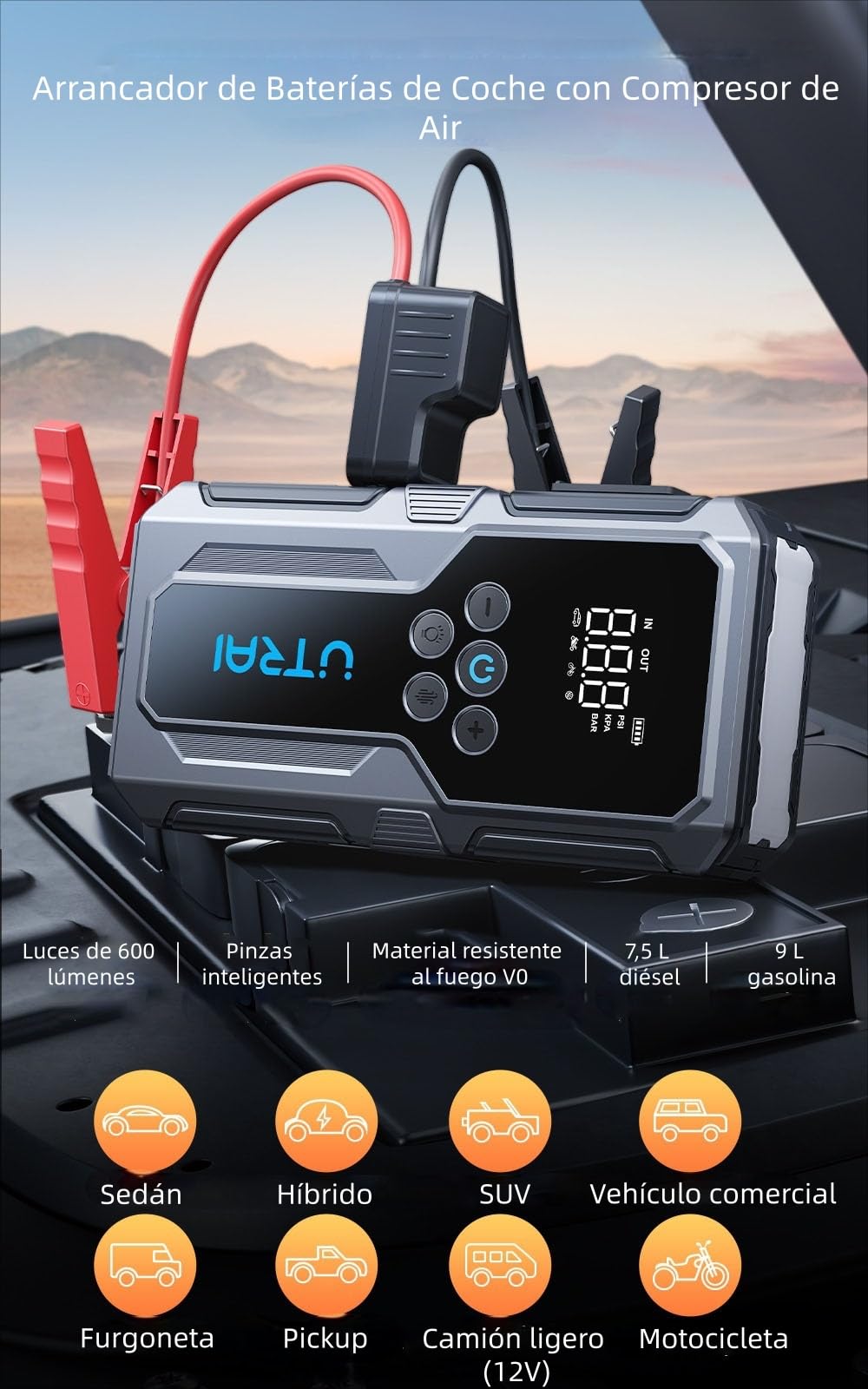 Arrancador de Baterías de Coche con Compresor de Air,UTRAI Arrancador de Coches(9L Gasolina o 7.5L Diesel)con 18W Carga Rápida,Pinzas de arranque forzado,5000A Jump Starter,Linterna LED Salida