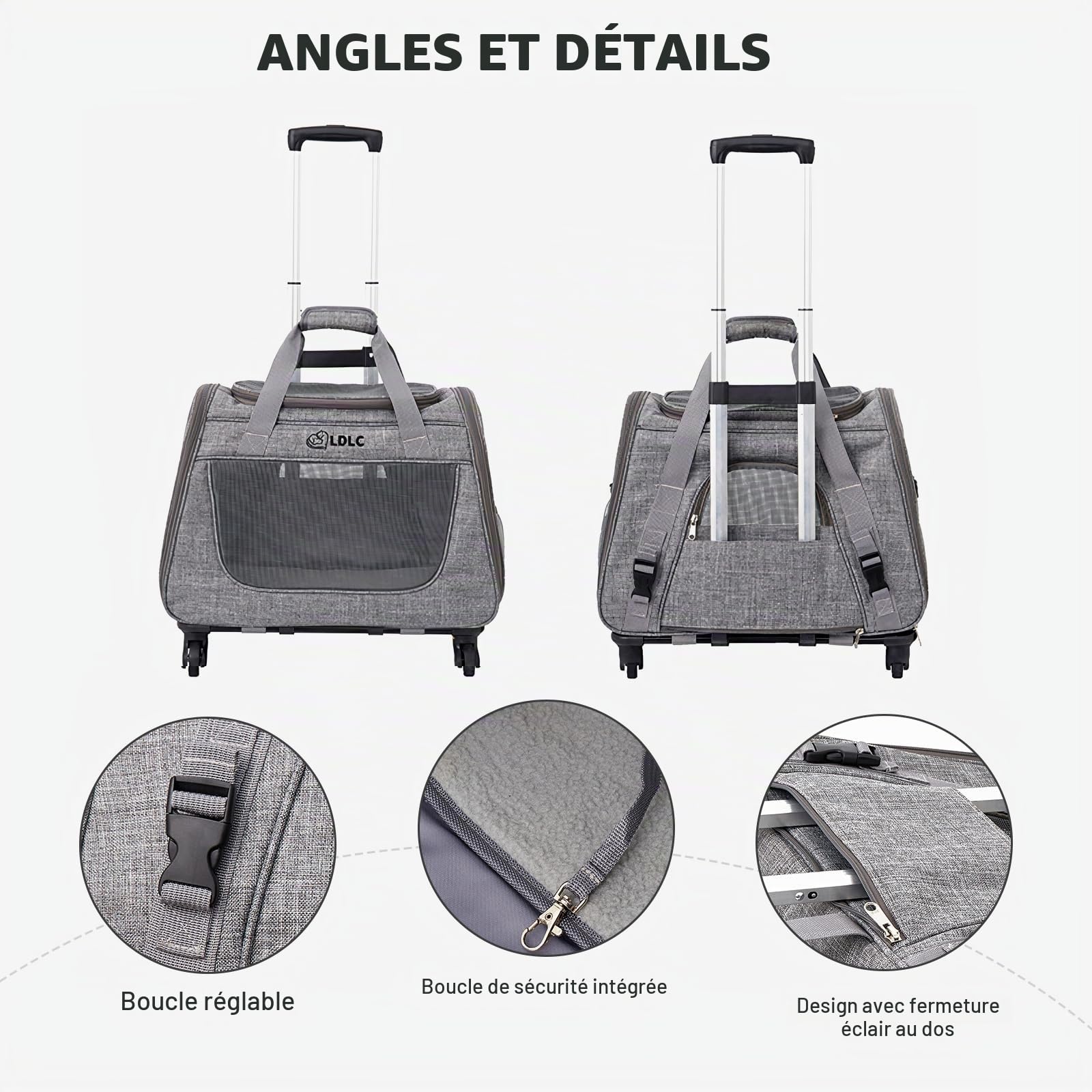 PETCUTE Sacs de Transport pour Chiens Chats,Caisse de Transport Chat Chien avec Poignée au Manche Télescopique et Roues Amovibles,Sac De Transport Chat avec Tapis en Laine,Bandoulière Réglable