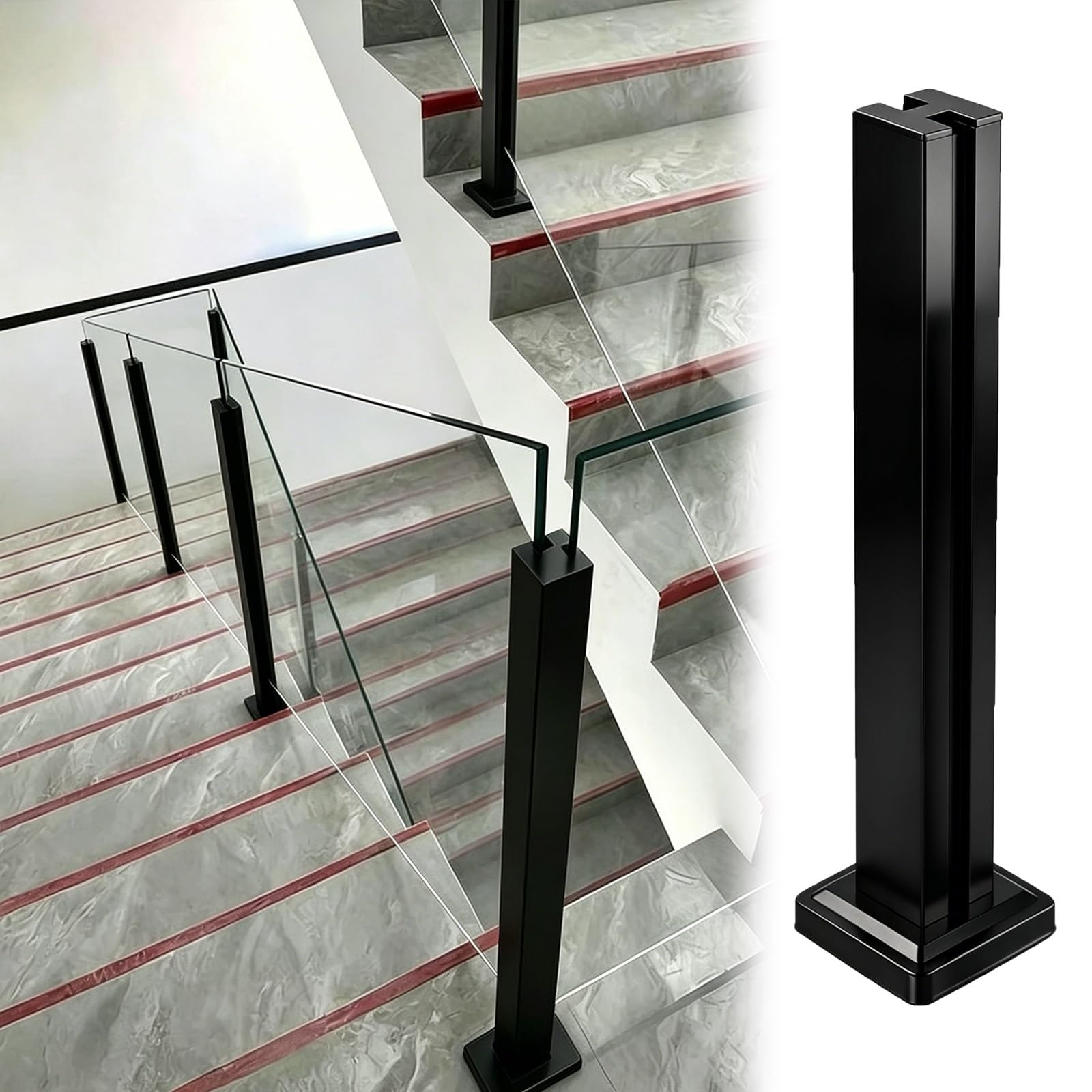 ZJKXJH Indoor Outdoor Glass Railing Post for Stairs, Frameless Panel Baluster Post for Patios/Balconies/Rooftop Terraces, No Drill In Glass(Middle Post-Black,H-43.3"/110cm)