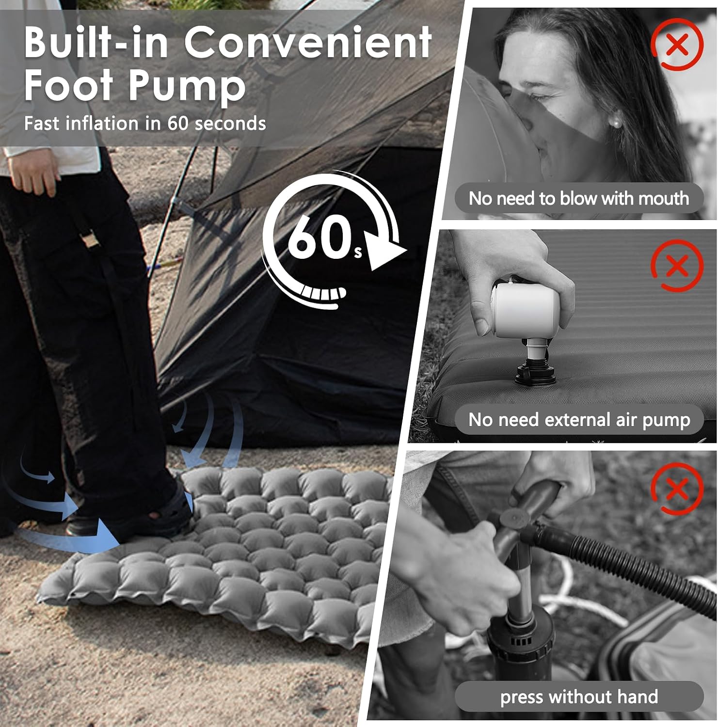 Sleeping Pad for Camping, Ultralight Self Inflating Camping Mat, Portable Sleeping Pad, Camping Air Mattress, Built-in Air Pump, Durable & Waterproof Air Mattress for Outdoor Hiking