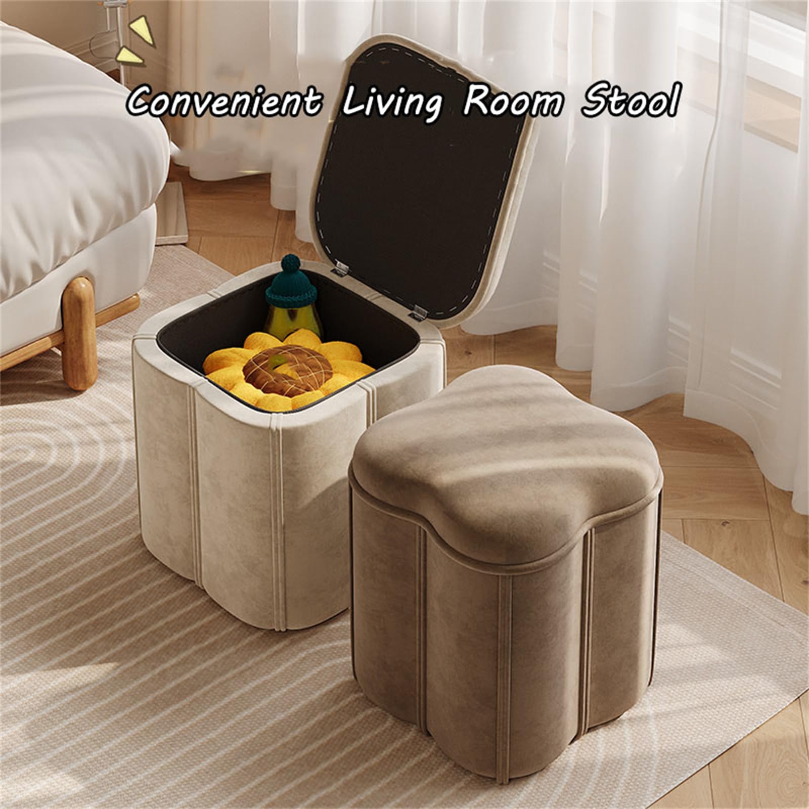 Otomana Redonda con Almacenamiento, reposapiés tapizado, Tapa extraíble, Asiento Acolchado para Dormitorio y Sala de Estar, 45 cm de diámetro.