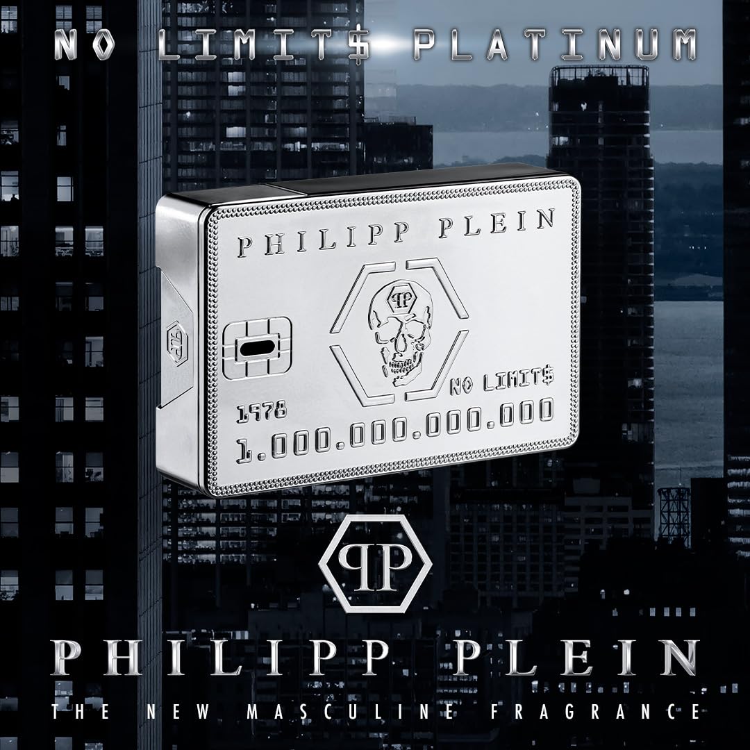 Philipp Plein No Limits Platinum 90 ml, Eau de Parfum Homme | Fragrance Aromatique Fougère, Notes Aromatiques, Flacon en Verre Laqué Platinum en Forme de Carte de Crédit