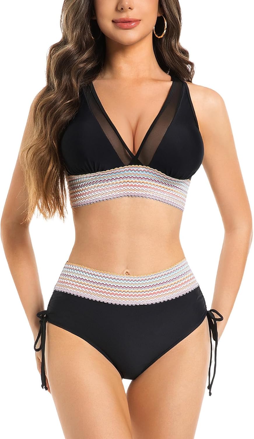 Women High Waisted Bikini Sets Tummy Control Swimsuits Colorful Wave Color Block Swimwear Two Piece Drawstring Bathing Suit - Image 2