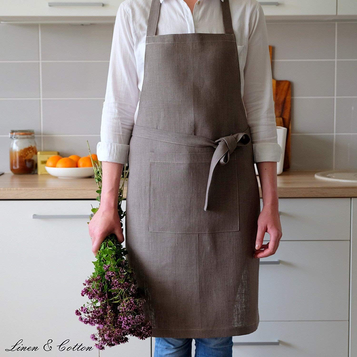 Grembiule da cucina (grigio), grembiule da cucina da donna, grembiule da cucina regolabile in cotone e lino per la cucina di famiglia, ristorante, barbecue