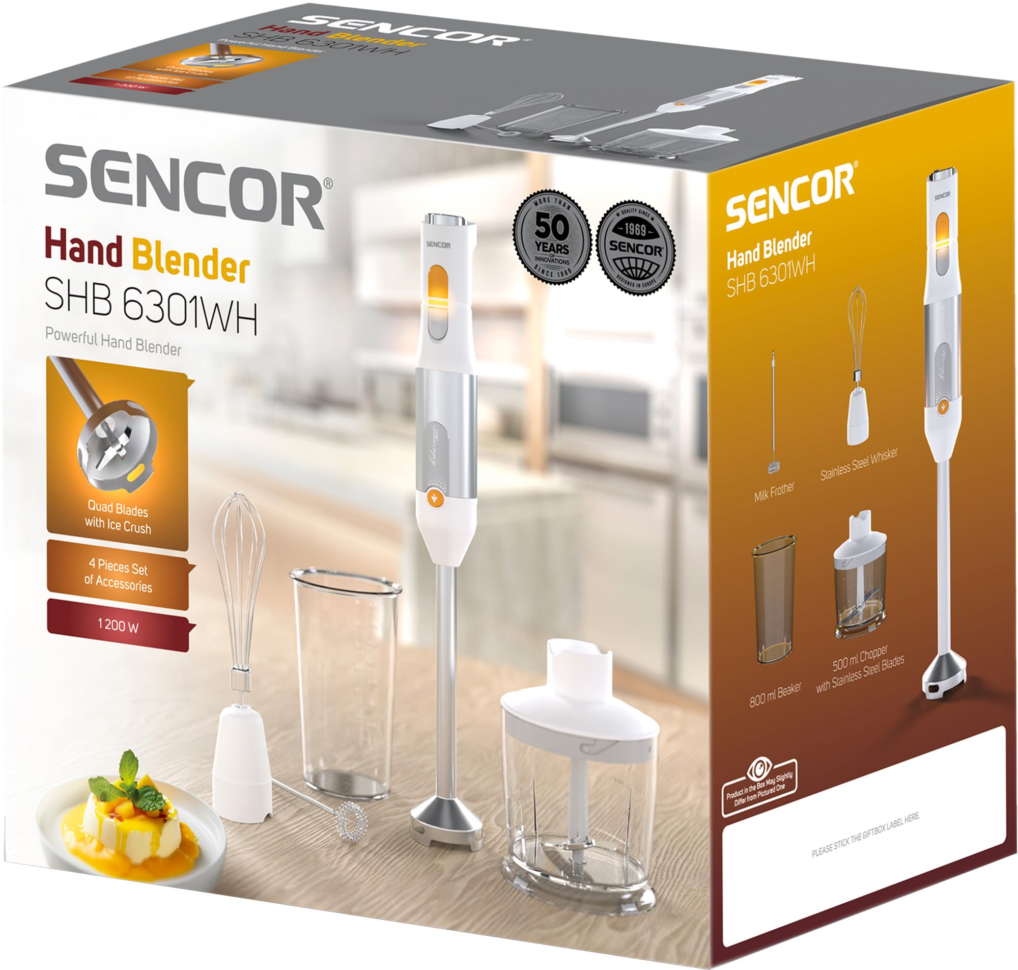 Sencor Batidora Mano Multifuncional Ultra-Potente 1200W, con Batidor, Picadora y Espumador, Cuchillas Quad Blades de Acero Inoxidable, Control Continuo de Velocidad, Diseño Ergonómico - Blanco