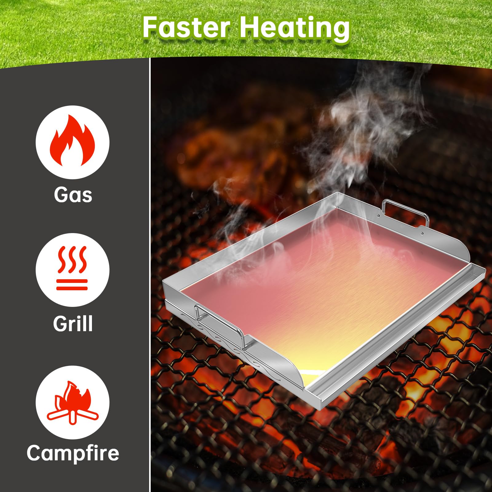 Plancha universal de acero inoxidable con soporte de calefacción uniforme para parrillas de carbón y gas, campamento, fiestas y fiestas, con ranura para grasa y asas extraíbles (17 x 13 pulgadas) 3