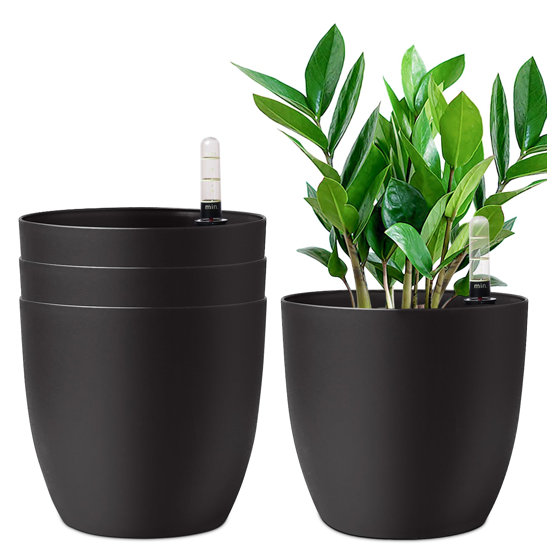 T4U 22cm Selbstwässernder Blumentopf mit Wasseranzeiger Schwarz 4er-Set, Selbstbewässerung Wasserspeicher Pflanzgefäß Übertopf für Innen- und Außenbereich