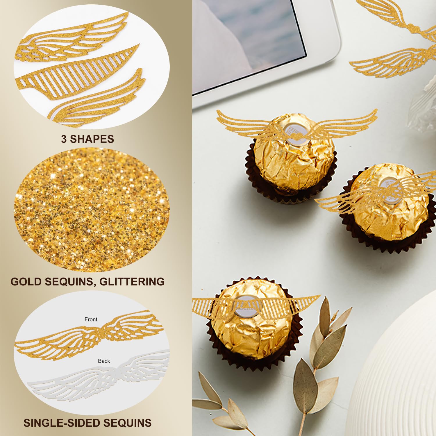 CCINEE 50 Piezas De Alas Doradas Con Purpurina Para Decoración De Cupcakes, Alas Doradas Huecas Con Puntos De Pegamento Para Fiestas Temáticas, Cumpleaños, Tartas, Bodas