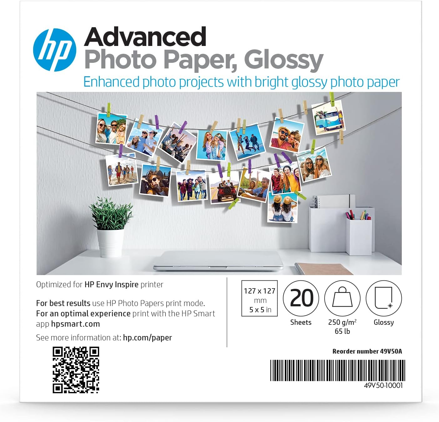 HP Advanced Photo Paper, Glossy, 5x5 in, 20 sheets (49V50A) Office Products