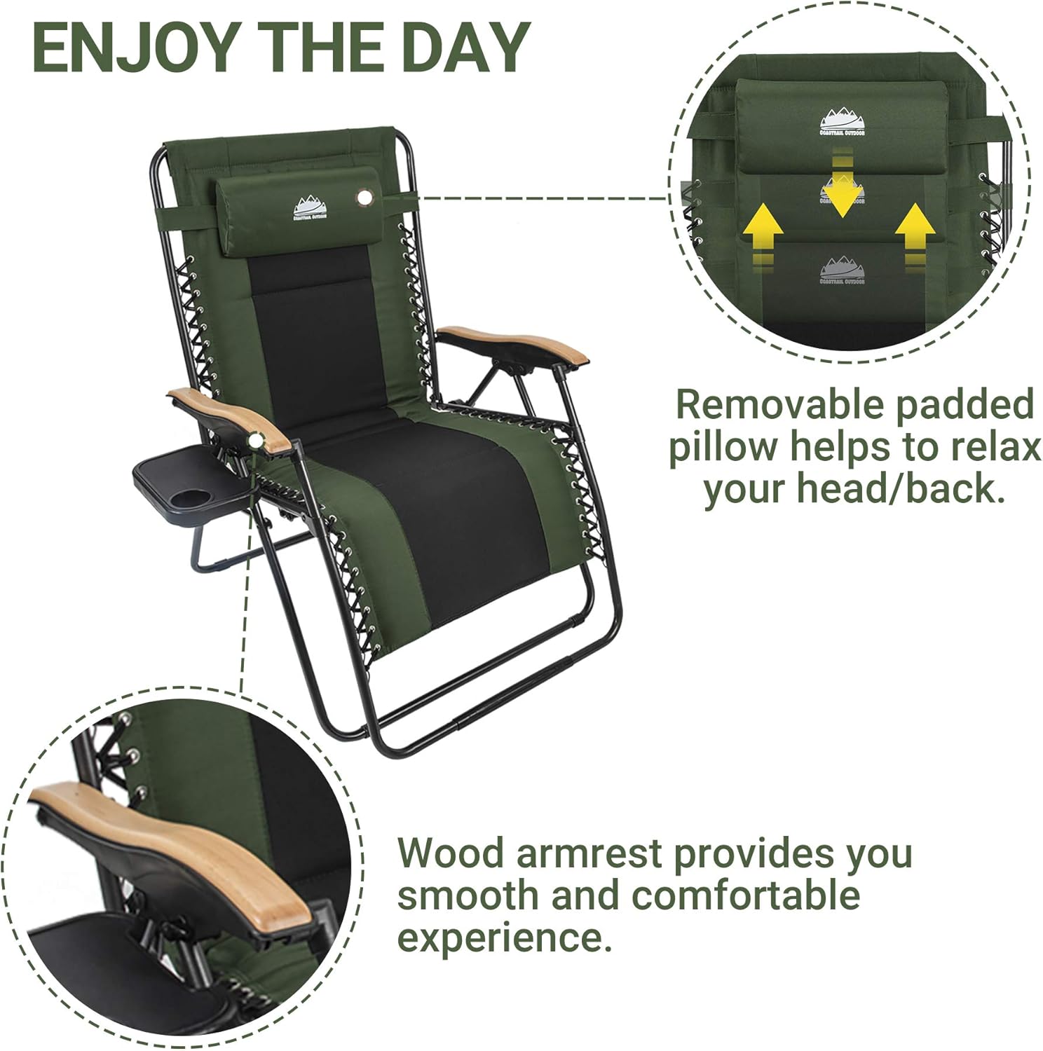 Coastrail Outdoor Zero Gravity Wood Armrest XXL Camping Lounge Patio Support 400lbs Padded Reclining Folding Lawn Chair with Side Table, Green/Black : Everything Else