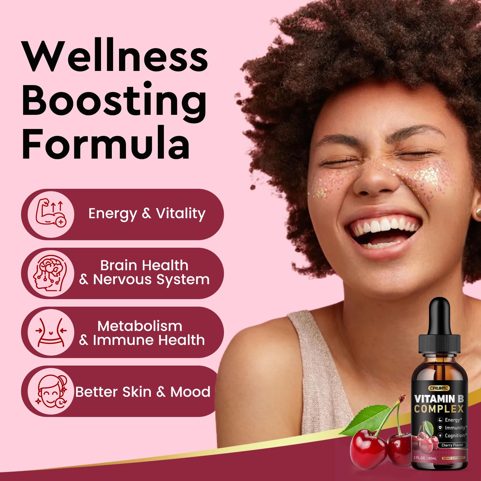 CFILIHTC Vitamin B Complex Liquid Drops, B Vitamins Complex Supplement with B1, B2, B3, B5 B6, B7, B9 & Methyl B12 Drops for Adults & Kids, Vegan, Cherry Flavor — Amazon image 3