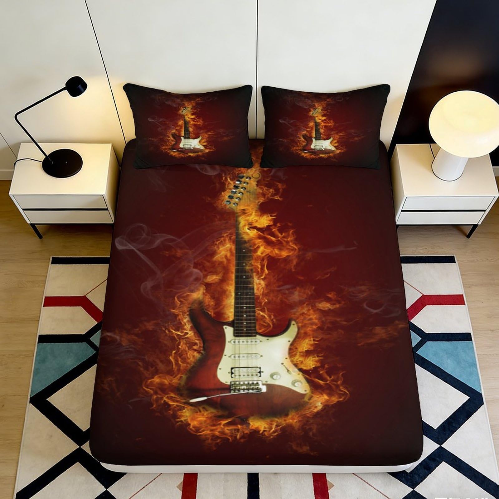 3D Printed Fiery Guitar Fitted Sheet Microfiber Breathable Flame Pattern Bed Cover for Bedroom Dormitory Guest Room Mattress Protection Decor 120x200x25cm
