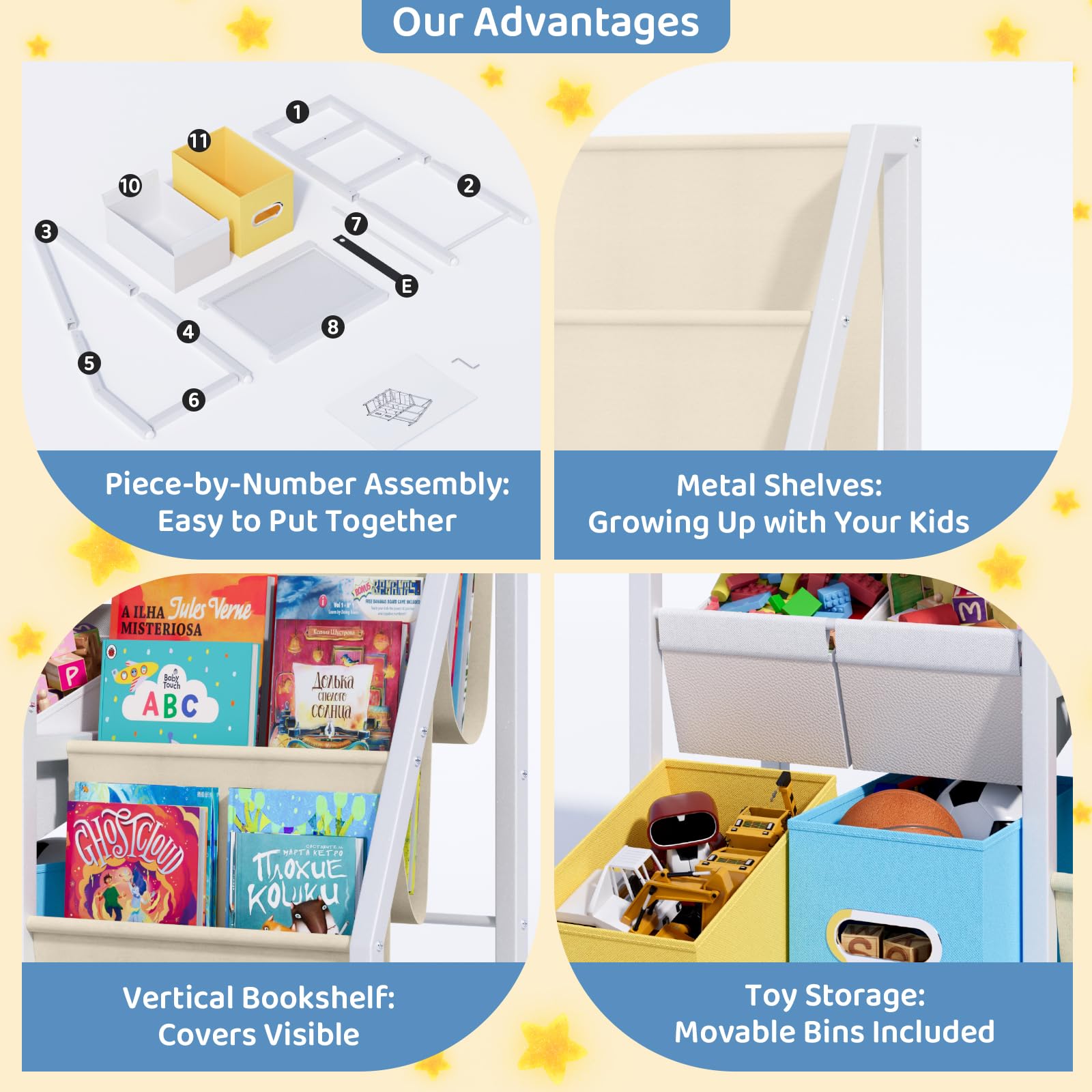 Estantería organizadora de juguetes para niños, estante para libros para habitaciones de niños, 6 contenedores de juguetes para niños y 3 eslingas para niños, estantería Montessori para guardería 6
