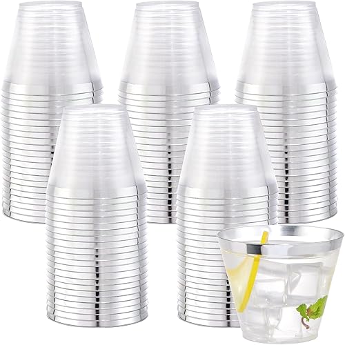 WELLIFE 120 vasos de plástico desechables plateados, vasos de plástico transparente de 9 onzas, vasos de vino desechables para fiestas