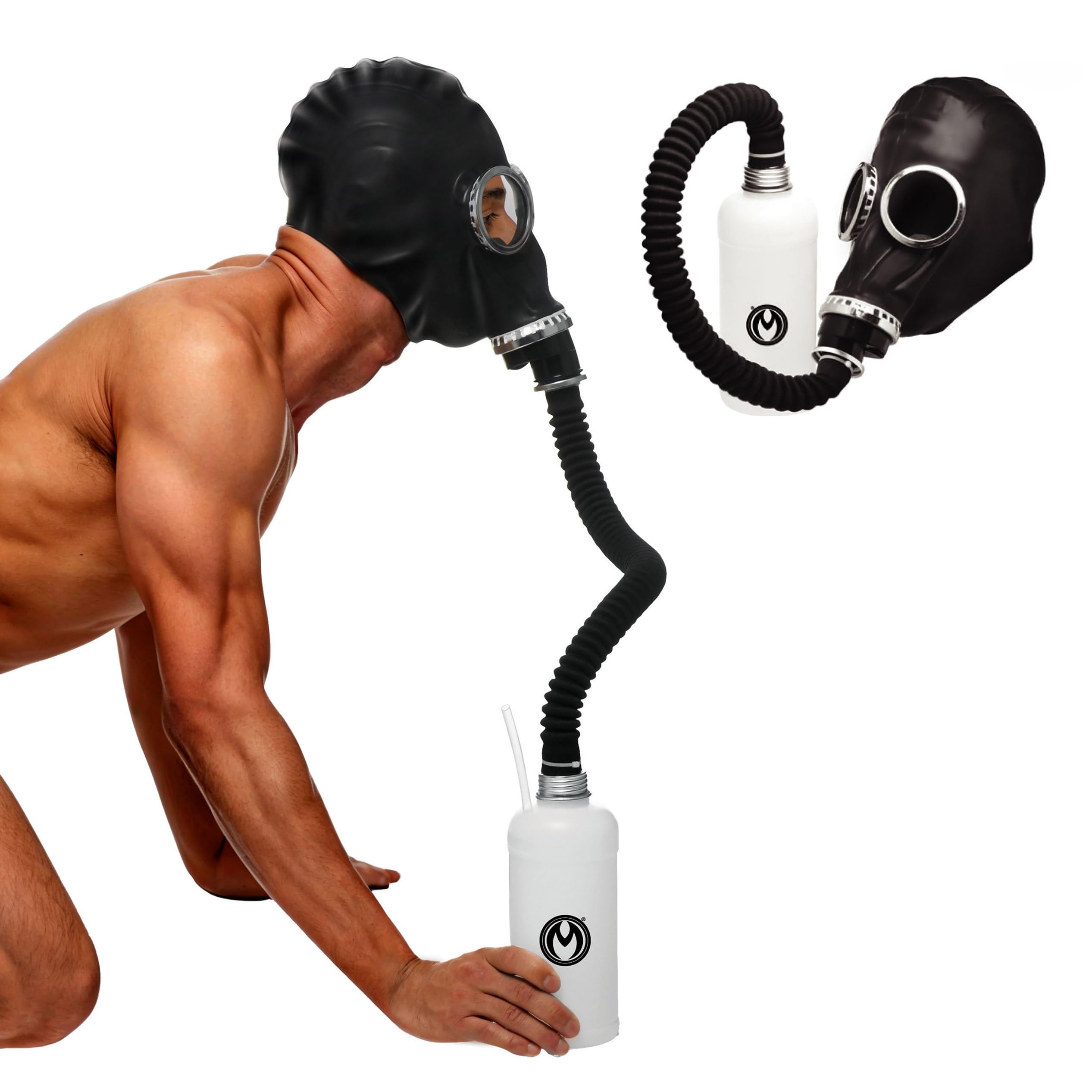 MASTER SERIES Dunkle Inhalator Gasmaske mit Flasche für Anfänger Männer Frauen Paare Einweg Atemventil Inklusive Schlauch und Aromaflasche 5 Stück Set Schwarz & Weiß