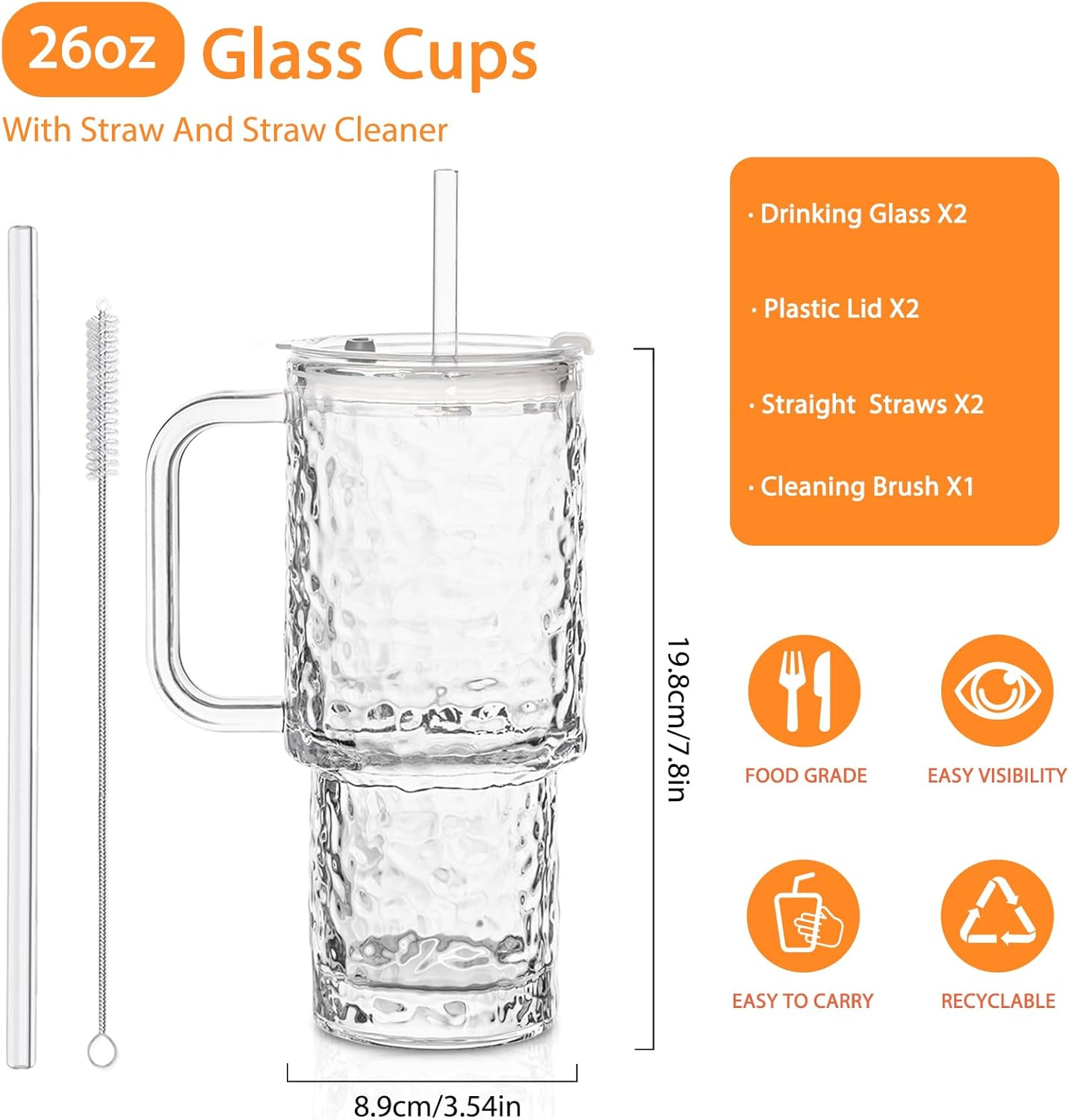 26oz Water Ripple Glass Tumbler with Handle & Lid, Reusable Iced Coffee Cups with Straws – Set of 2, Glass Cups for Smoothies, Juice, Coffee, Tea – Travel Mugs for Daily Use - Image 2