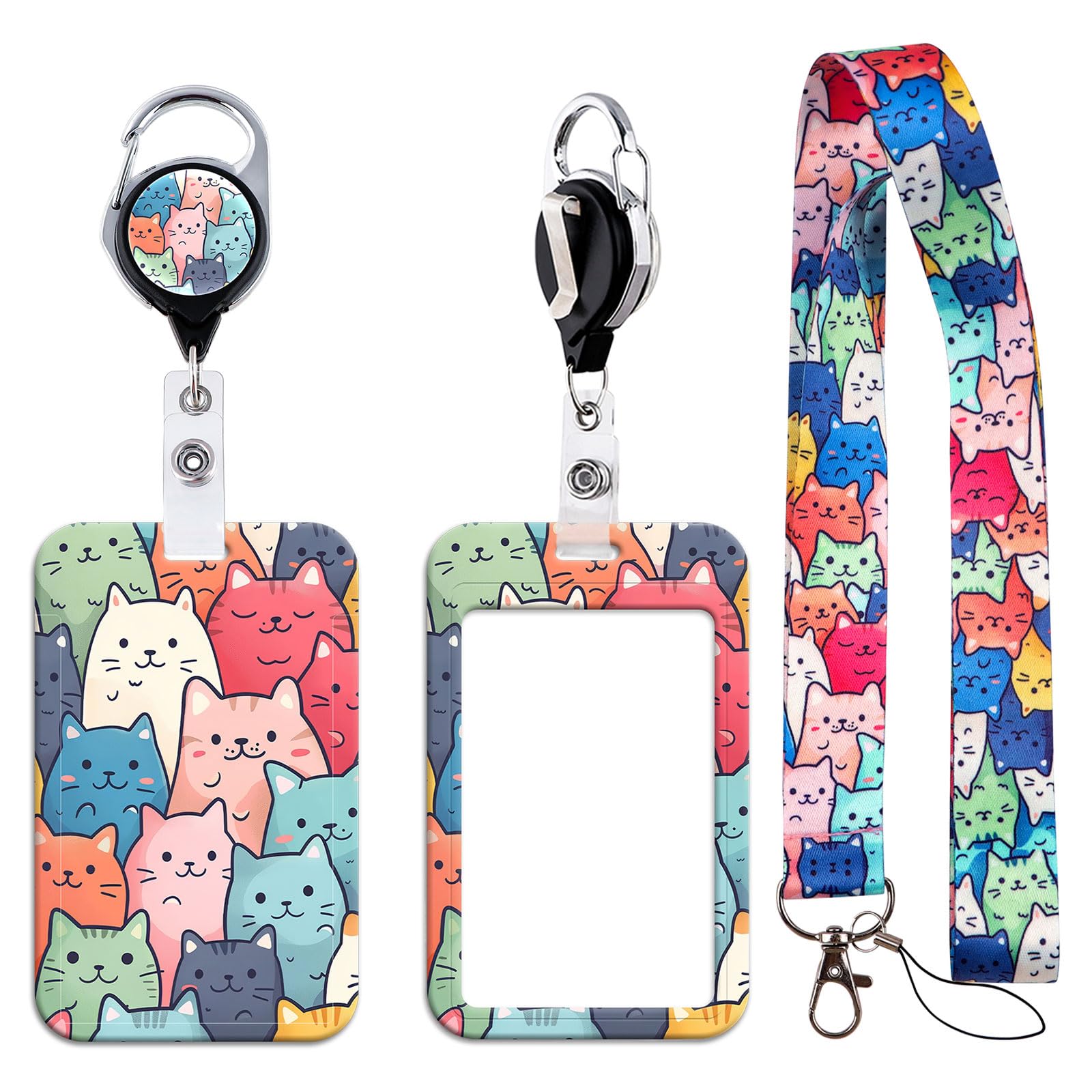 BKBKAAK Cat ID Badge Holder with Neck Lanyard, Heavy Duty Retractable Badge Clip with Name Tag Holder & Silky Lanyard, Cute Colorful Cat Lanyard with