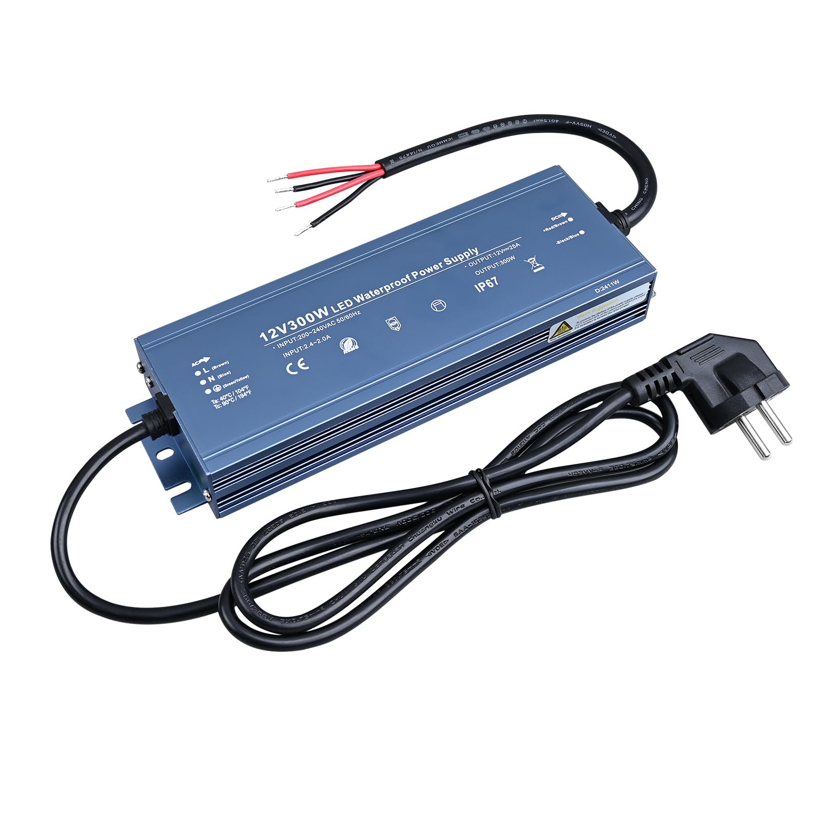 TOPAI Fuente de Alimentación 12V 300W IP67 Impermeable Certificación CE Transformador CA 220V-240V a CC 12V 25A Carcasa de Aluminio Con Enchufe UE