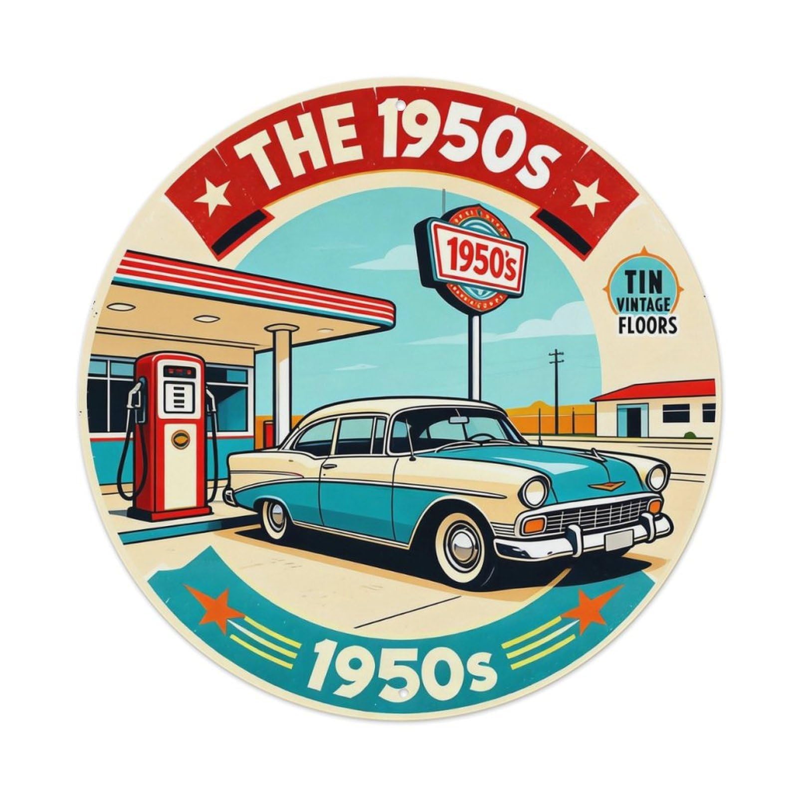 Retro Gas Station Car Scene Round Tin Sign Vintage Metal Poster Retro Bar, Home, Man Cave, Kitchen, Laundry Room Wall Art Decor Gift 8x8In