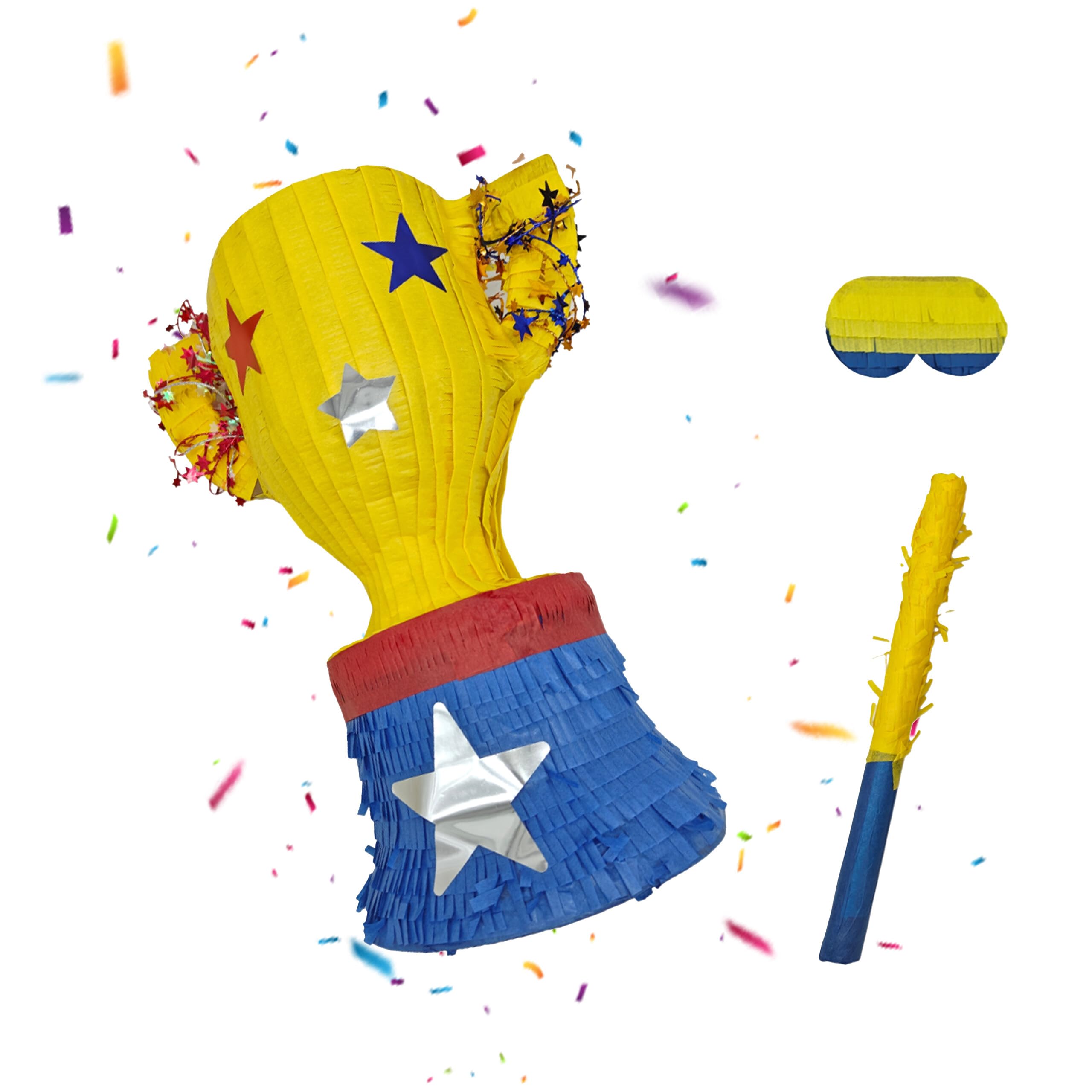 Piñata trophée avec bâton et masque de 38 cm pour anniversaire à remplir