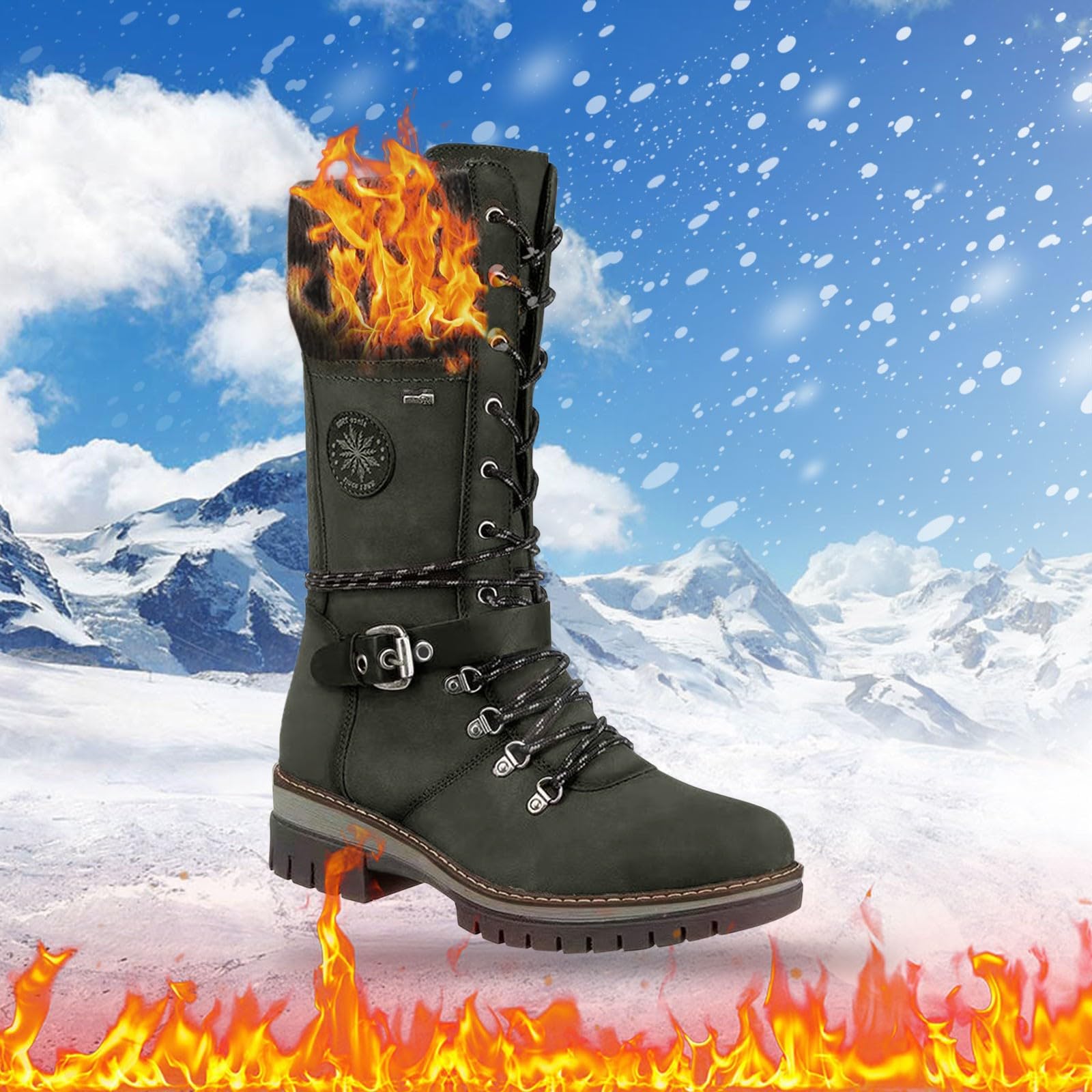 Generisch Botas de invierno para mujer, botas altas y cálidas, largas botas de invierno, botas de punta redonda, tacón de bloque, botas largas, hebilla de cinturón, botas de equitación