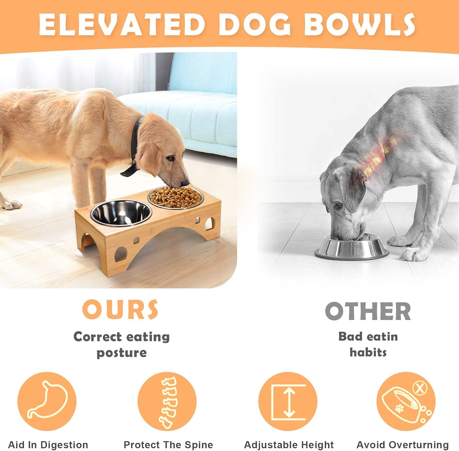Comedero Perro Elevado, Comedero Alto Perro FoiiLiio con 2 Cuencos de Acero Inoxidable de 1100 ML, Platos para Perros con Soporte de Bambú