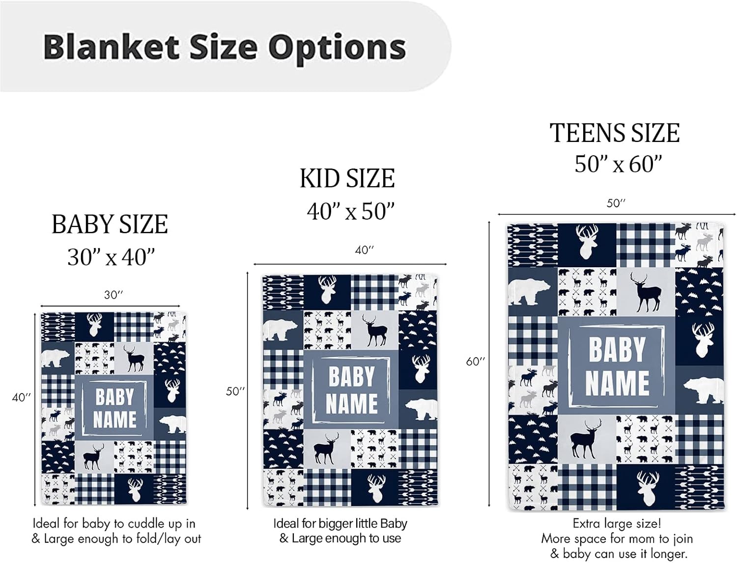 Personalized Woodland Blue Minky Baby Blankets with Name, Custom Cow Print Baby Blankets for Girls and Boys, Soft Plush Infant Toddler Baby Newborn Blanket, Birthday Shower Gifts for Baby