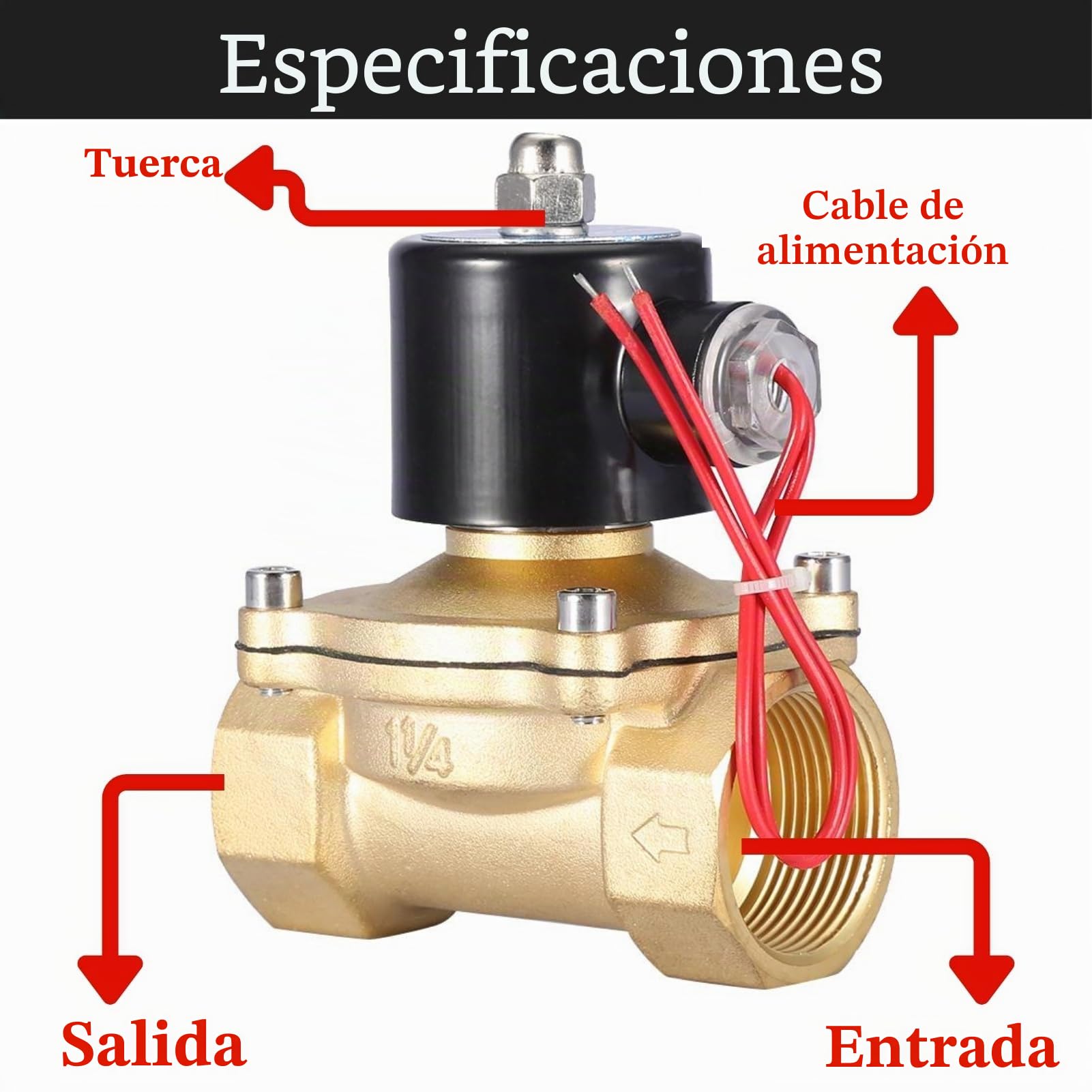 Jadeshay Electroválvula Eléctrica,AC220V 1-1/4" Válvula Solenoide 2 Posiciones 2 Vías Válvula Electromagnética Normalmente Cerrada DN32 Válvula Magnética Electroválvula Latón para Control de Agua