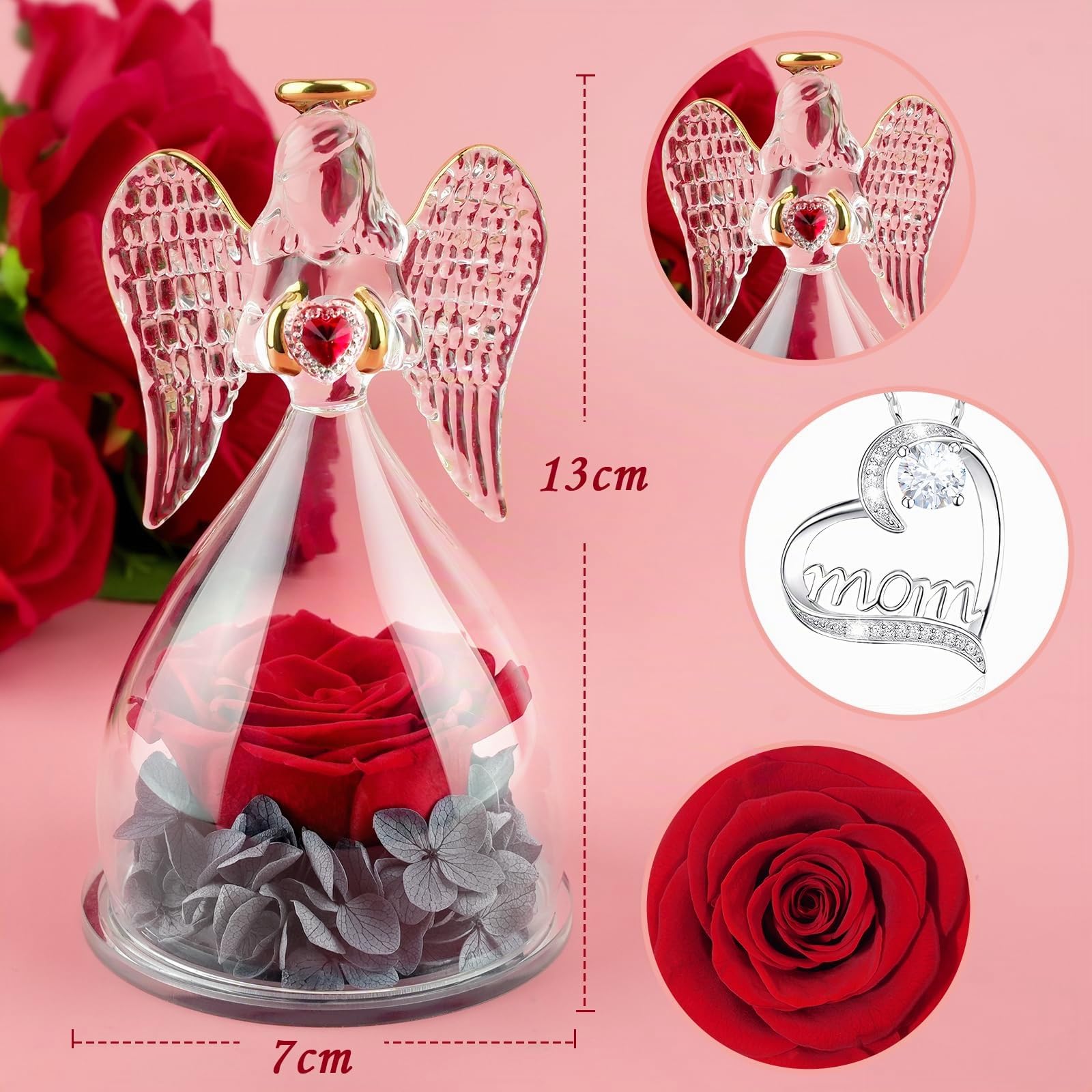 Miofula Regalos Dia de la Madre, Rosa Eterna con Collar Plata de Ley 925,Regalos Originales para Madres, Flores Preservadas Ángel Figura Regalo para Mujer Mama Abuela, Regalo Madre Cumpleaños Navidad