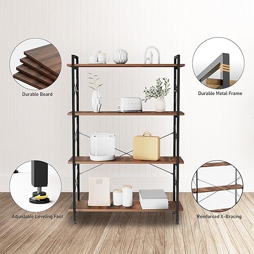 Miniatura 9 de Estantería alta de 4 niveles, estantería industrial de metal de madera, estantes de almacenamiento abiertos modernos y rústicos con almohadillas