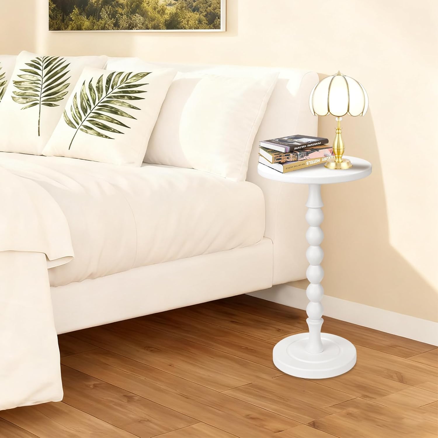 Round Side Table for Small Spaces, Drink Table with Oak Wood Pedestal, Modern End Table Nightstand for Living Room, Bedroom, Office, and Corners, Tool-Free Assembly, White