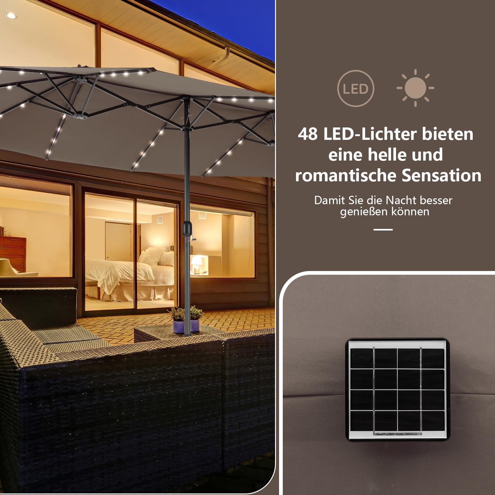 COSTWAY Podwójny parasol przeciwsłoneczny z oświetleniem solarnym LED, 450 x 260 cm, rozmiar XXL, UPF 50+, parasol ogrodowy z korbą, parasol tarasowy, Podstawa parasola nie jest dołączona, (brązowy)