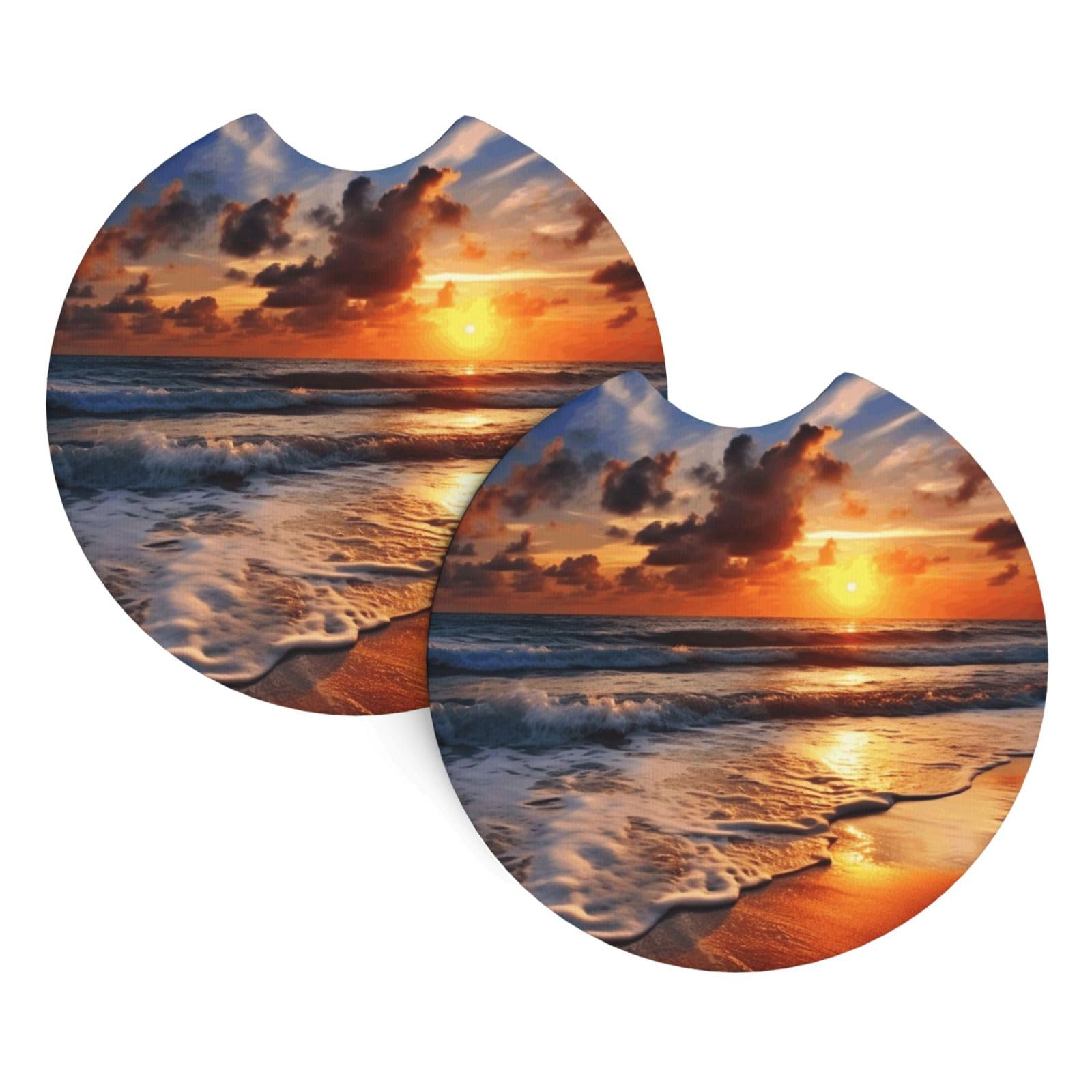 2PCS Car Coaster for Cup Holders Universal Auto Cup Mat Beach Sunrise Cup Coaster Pad 2.7" Waterproof Neoprene Non-Slip Cup Holder Coasters Car Interior Accessories for Women Men