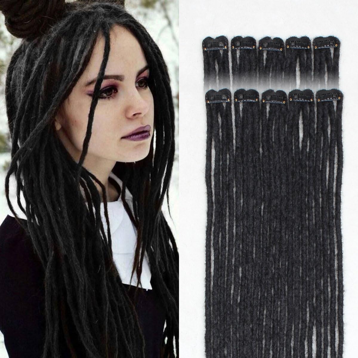 Sangtok 10 PCS Clip in Dreadlocks Hair Extensions, 24 inch Synthetic Dreads Extensions, Thin Straight Dreadlock for White Women, 1B/27