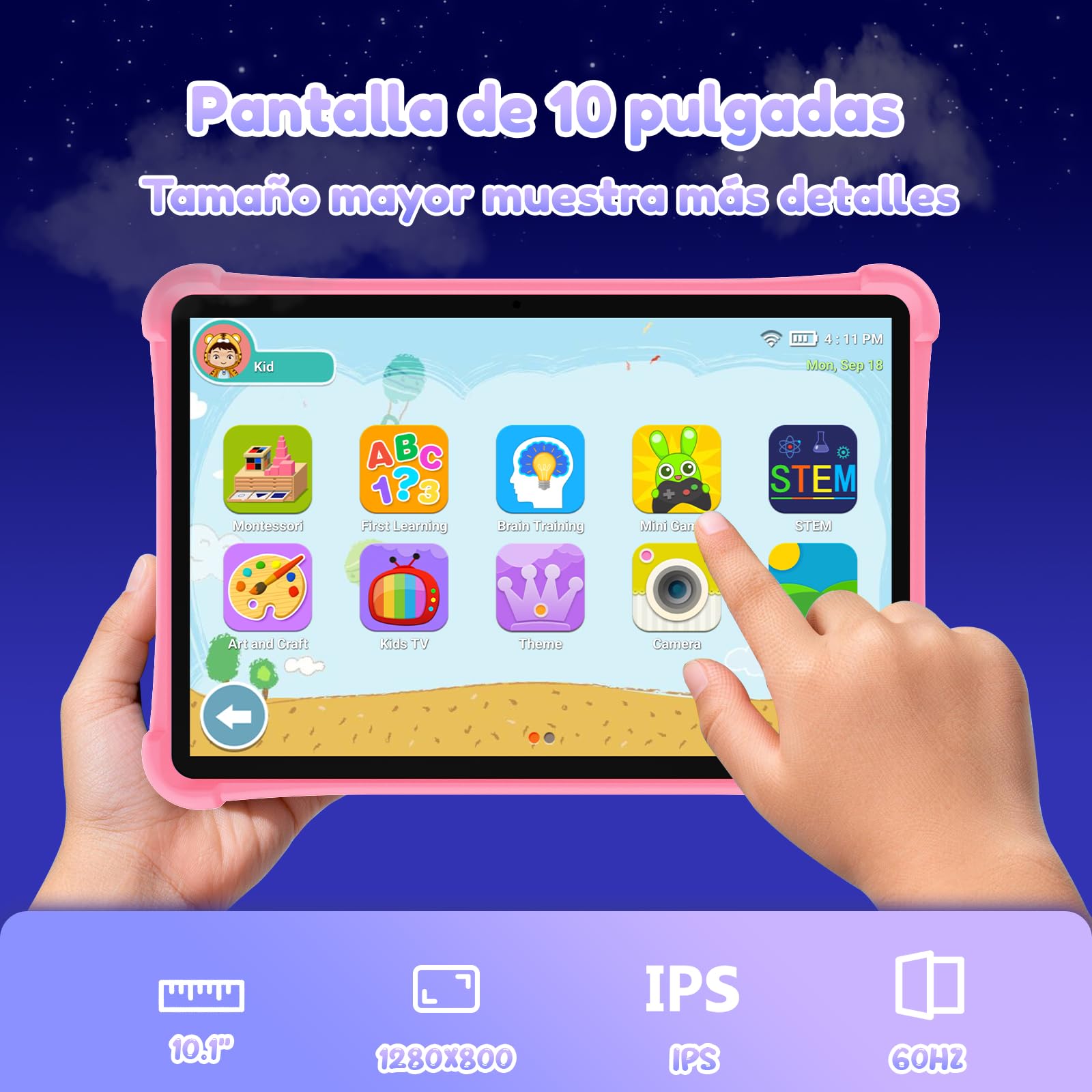 ALLDOCUBE Tablet Niños 10 Pulgadas, Tableta Infantil Android 15, 7 GB+64 GB, Batería 5500mAh, Wi-Fi, BT, GPS, Control Parental, iWAWA Preinstalado, Tableta Educativa para Niños con Funda