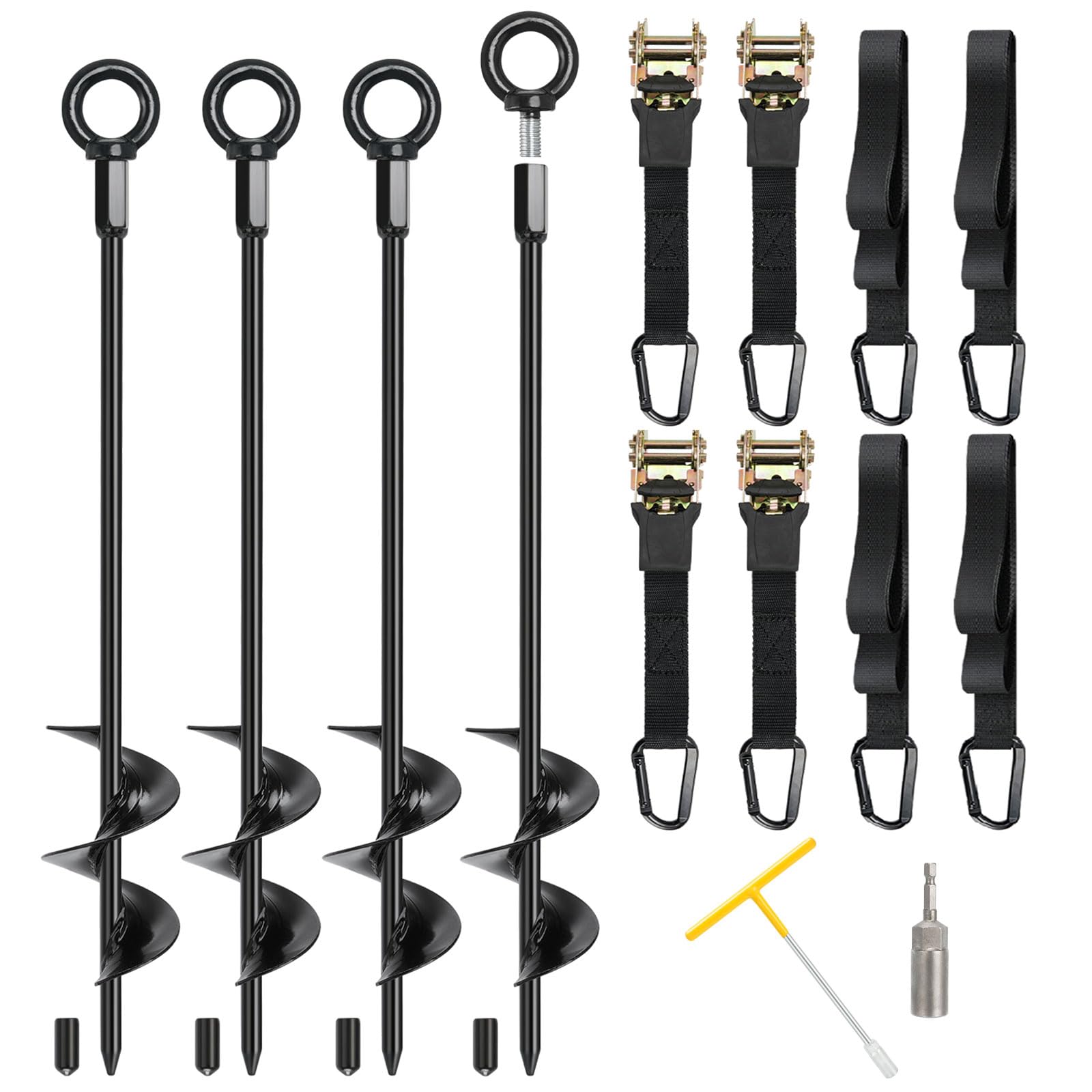 Ancrages au Sol Robustes, 4 piquets spiralés 45 cm pour Vents forts | Piquets à visser 100% soudés avec sangles à cliquet, mousquetons & outils pour trampoline, tonnelle, balançoire, tente & abri